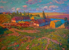 Vintage Landscape Painting Oil Canvas Sunset Summer Village Cows Art by Fomin A.