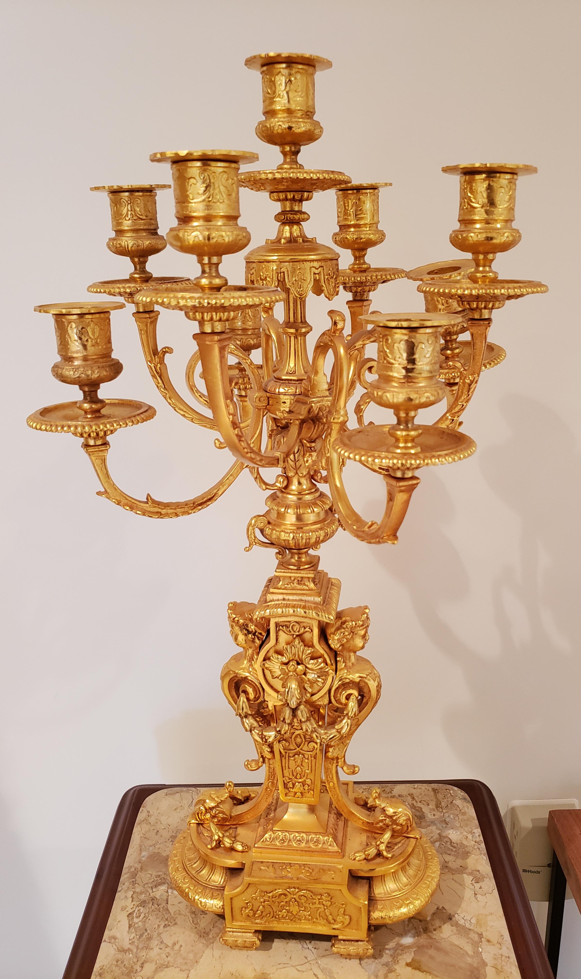 Fonderia Bronzi 24K Gold 9-Arm Italian Candelabras, a Pair In Good Condition In Germantown, MD