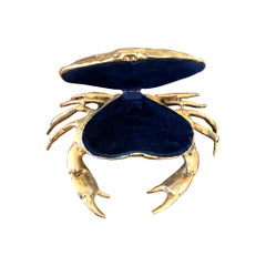 Vintage Fondica Solid Cast Crab with Hinged Top Shell with Blue Velvet Lining