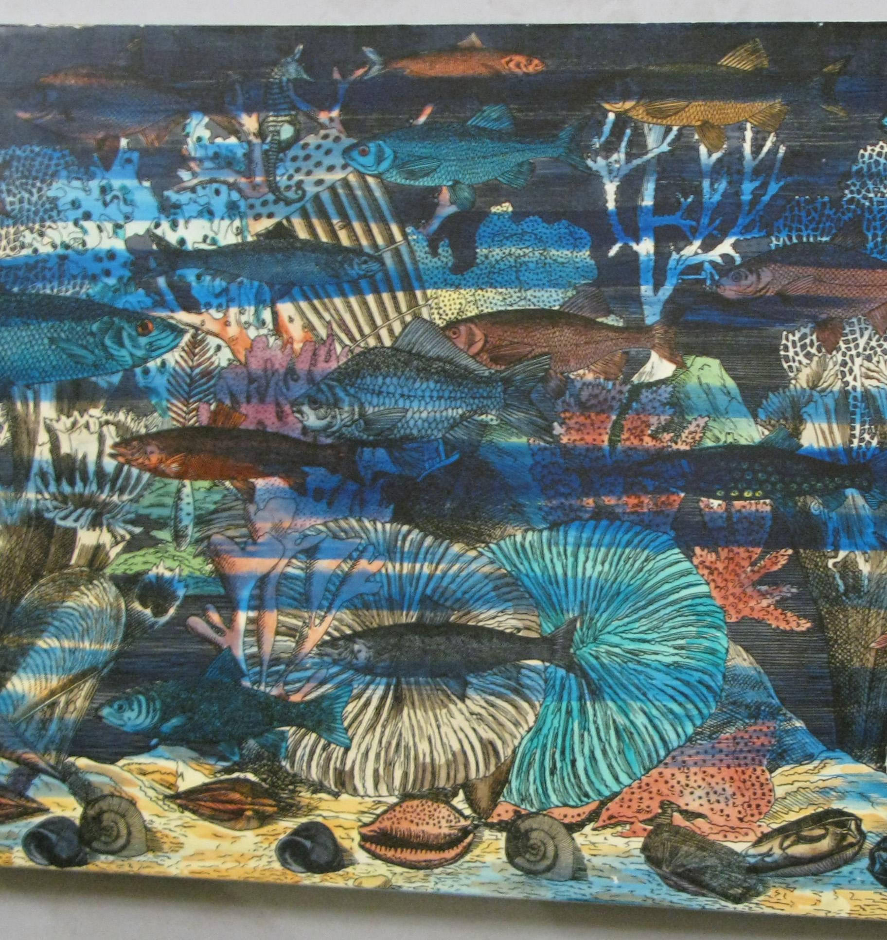 A rare 'Fondo Marino' lacquered panel, circa 1960 by Piero Fornasetti. This was created using Fornasetti's signature technique of transfer print on lacquered wood, and originally was mounted to a base as a cocktail table, subsequently fitted to use