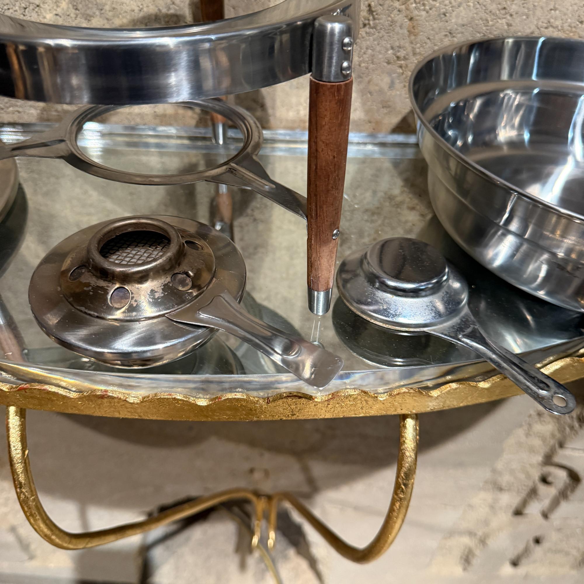 Fondue Chafing Dish Brass Stainless Steel With Teak Stand Legs Handles en vente 3