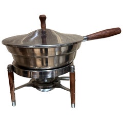 Fondue Chafing Dish Brass Stainless Steel With Teak Stand Legs Handles