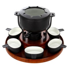 Used Fondue Set by Digsmed 1960. Gorgeous Rare Complete Teak and Cast Iron Fondue Set