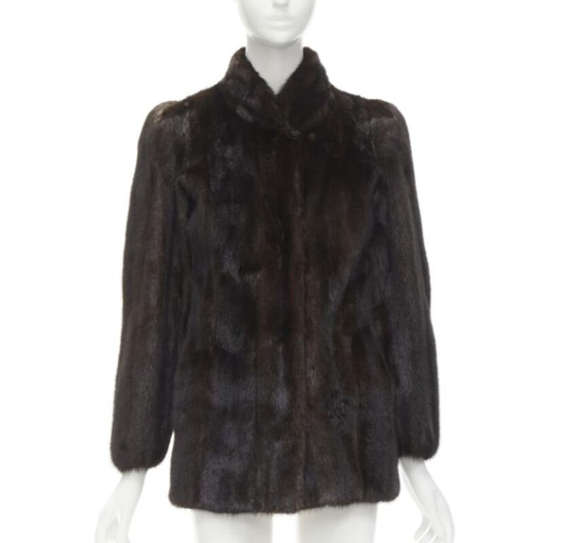 Black FONG'S brown fur mandarin collar long sleeve hook eye coat jacket For Sale