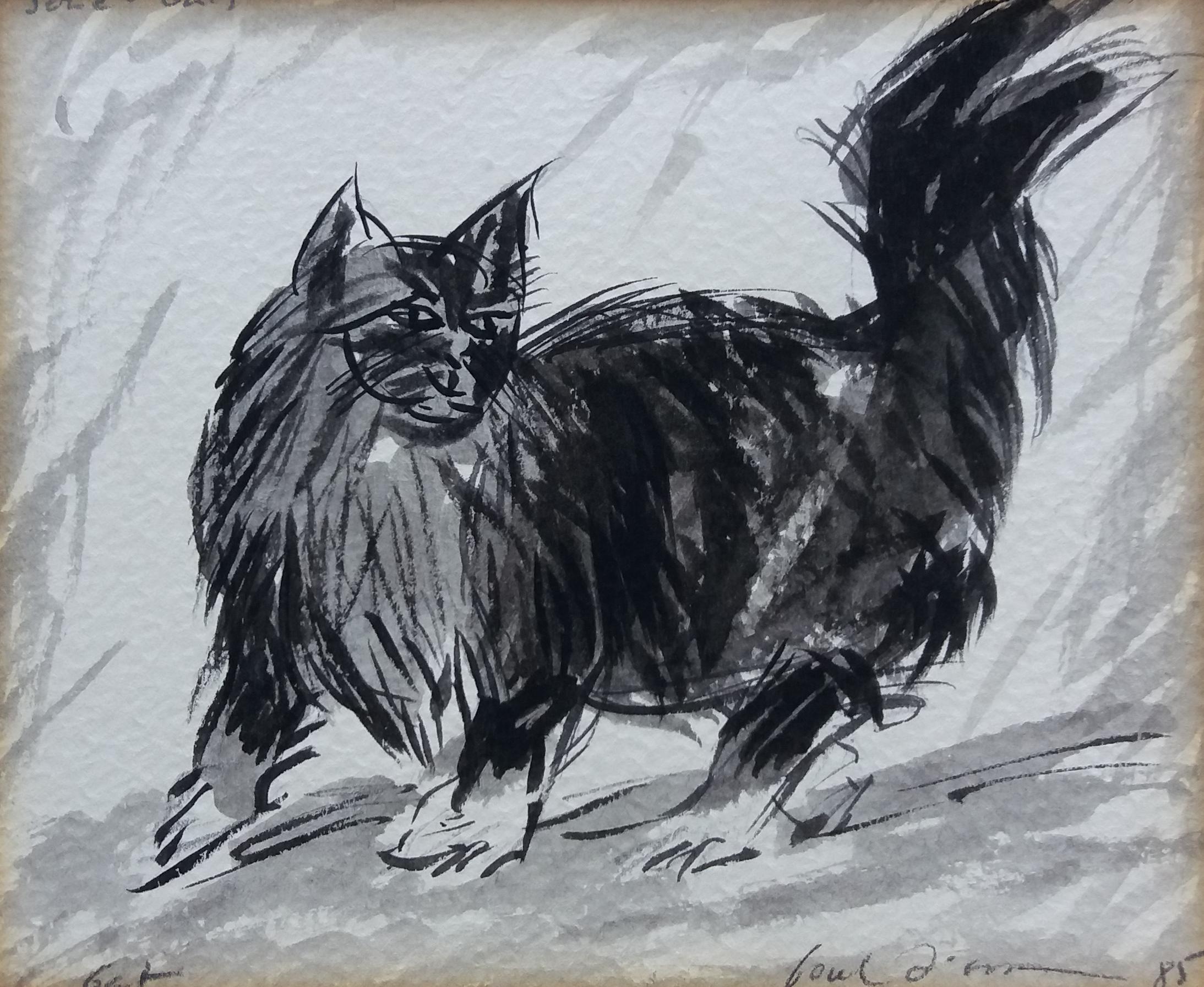 Font Diaz 28 Black Cat original  ink drawing realist painting For Sale 1