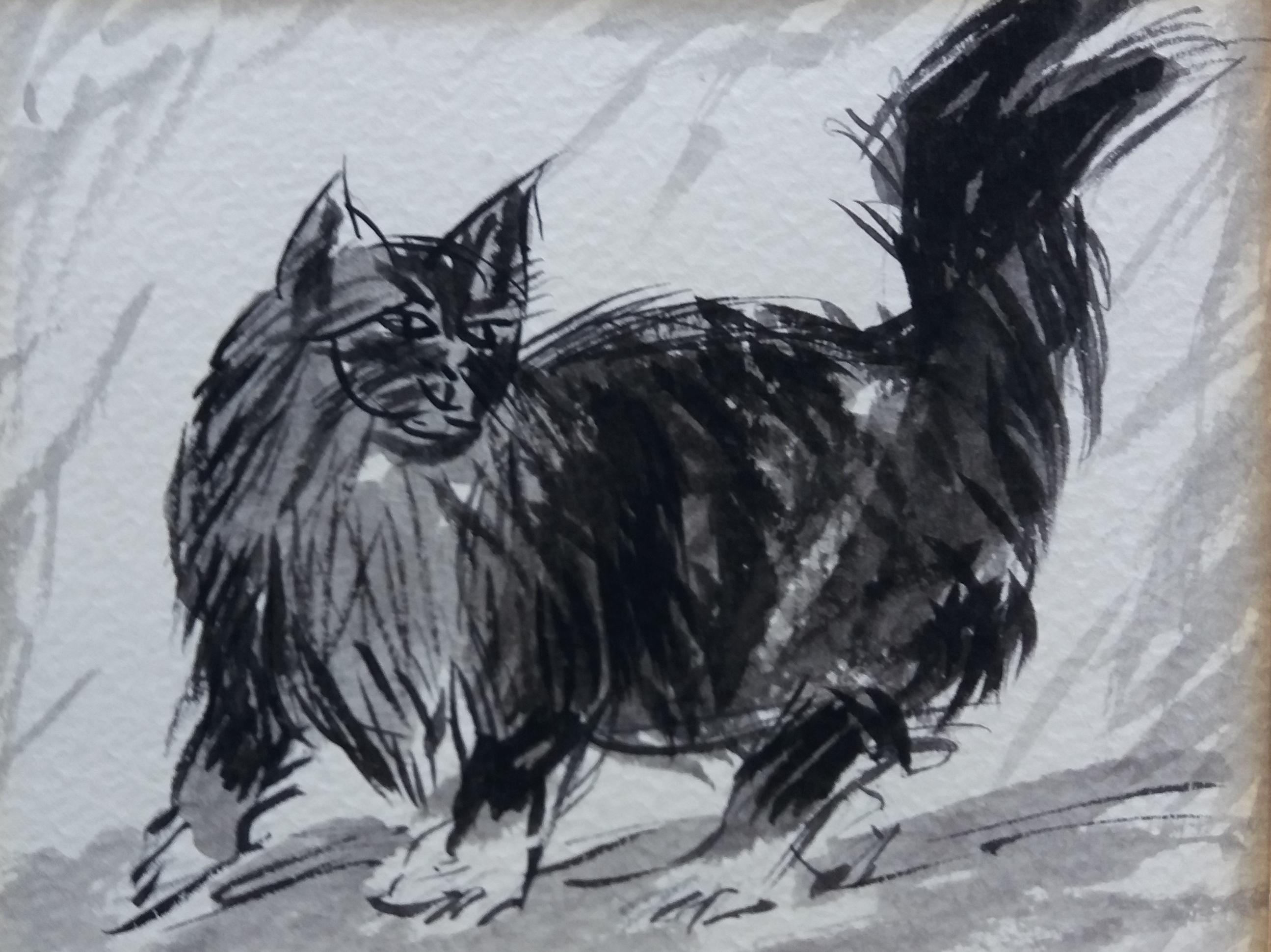  Font Diaz 28 Black Cat original  ink drawing realist painting For Sale 3