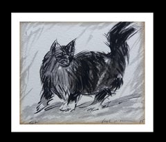 Vintage  Font Diaz  Black Cat original  ink drawing realist painting