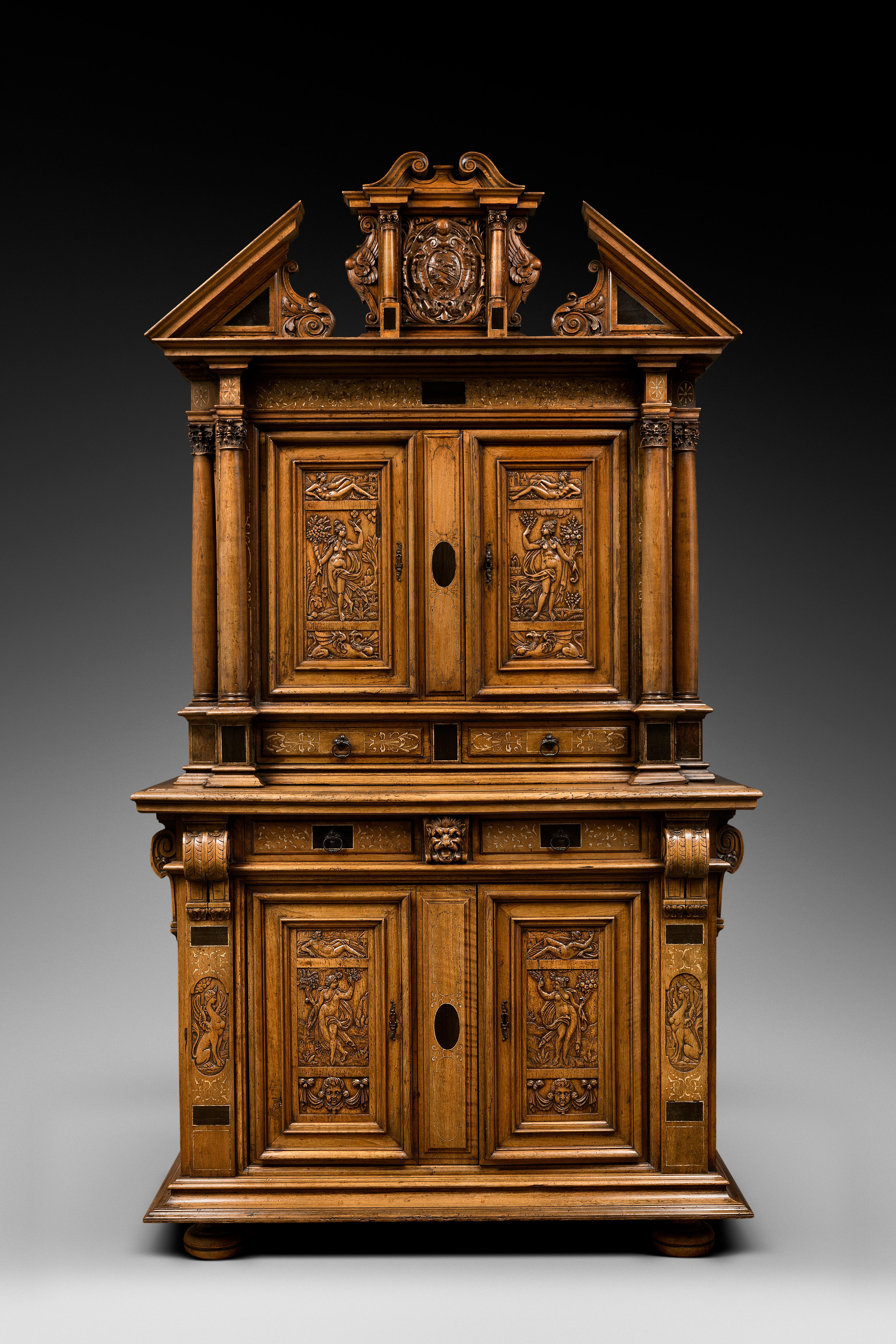 Fontainebleau renaissance cabinet bearing the Dodieu’s family coat-of-arms

Origin : ILe De France, School of Fontainebleau
Period : Second French Renaissance, Around 1560-1580

Light coloured walnut wood, egg-shell pastiglia, inlay of