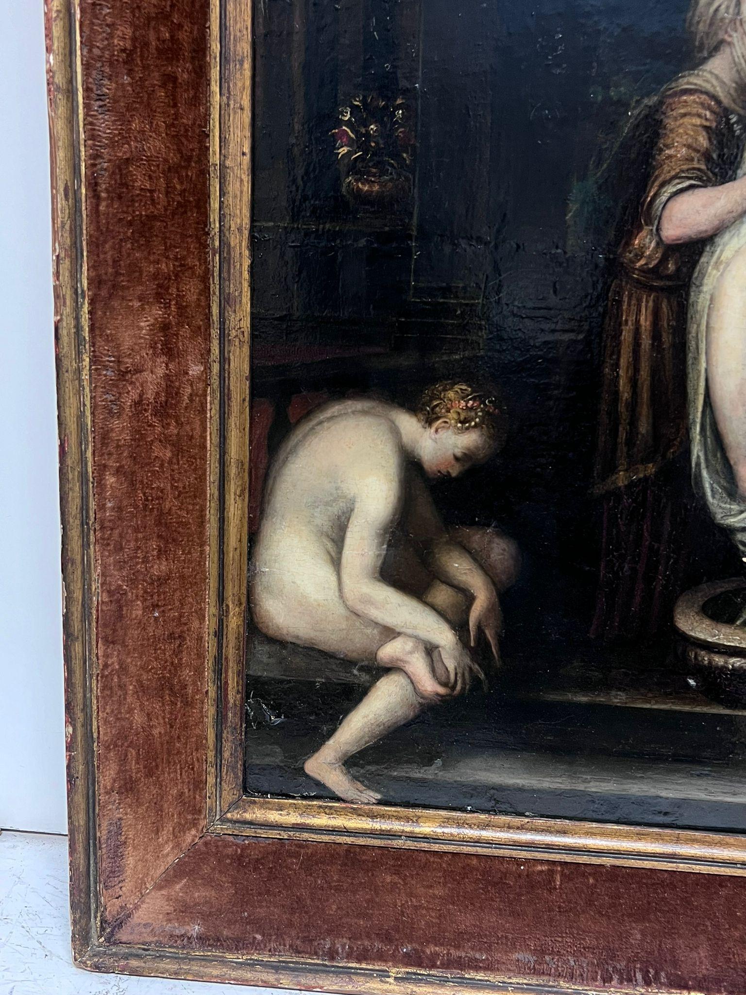 Enorme olio su pannello del 16° secolo della Scuola di Fontainebleau, olio su pannello per bambini - Figurative Painting Nero di Fontainebleau School