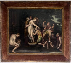Enorme óleo sobre tabla de viejo maestro de la escuela de Fontainebleau del siglo XVI Moisés bebé