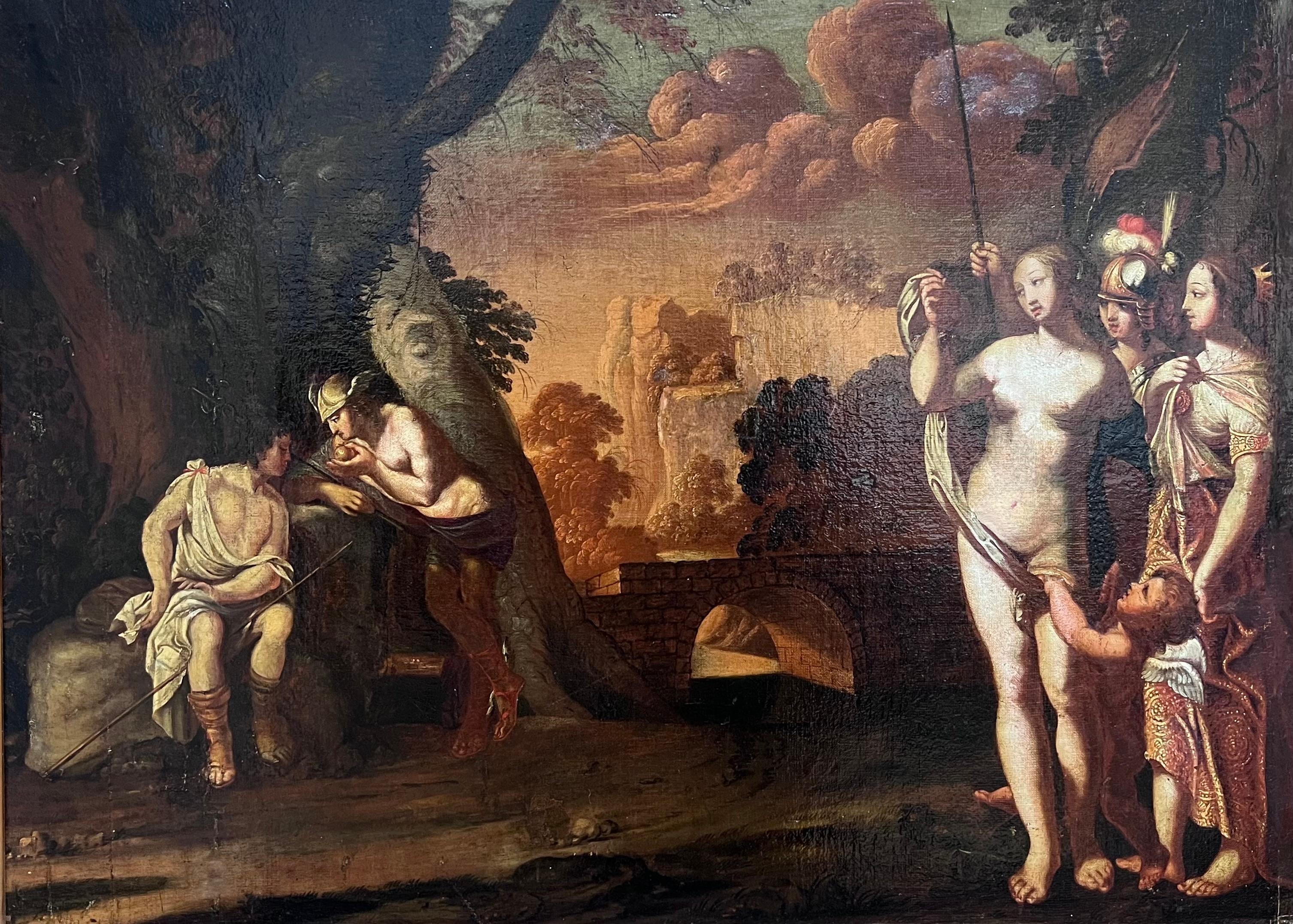 Gran cuadro al óleo del Viejo Maestro del siglo XVI El juicio de París Mitológico - Painting Manierista de Fontainebleau School