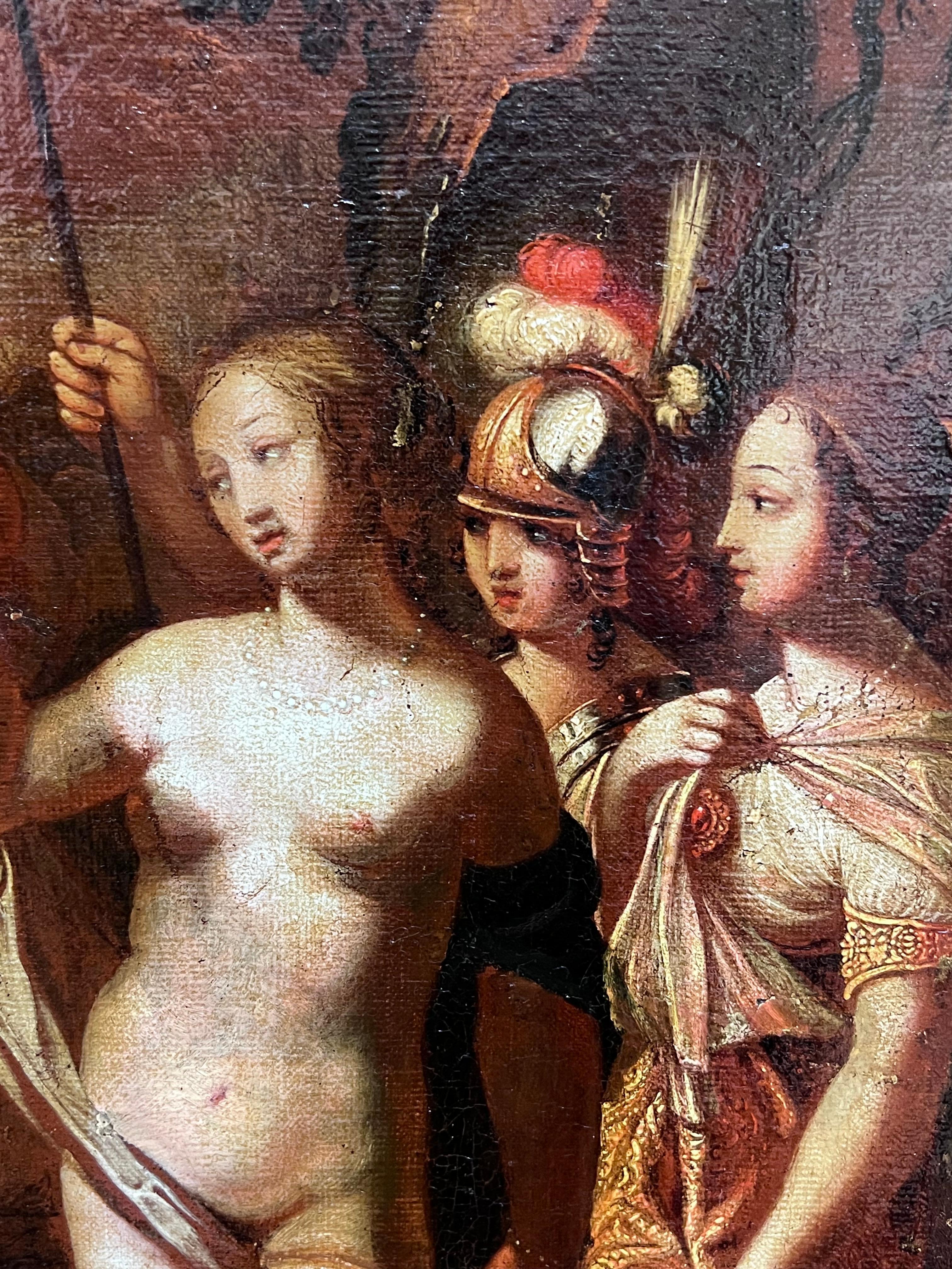Gran cuadro al óleo del Viejo Maestro del siglo XVI El juicio de París Mitológico - Nude Painting Negro de Fontainebleau School