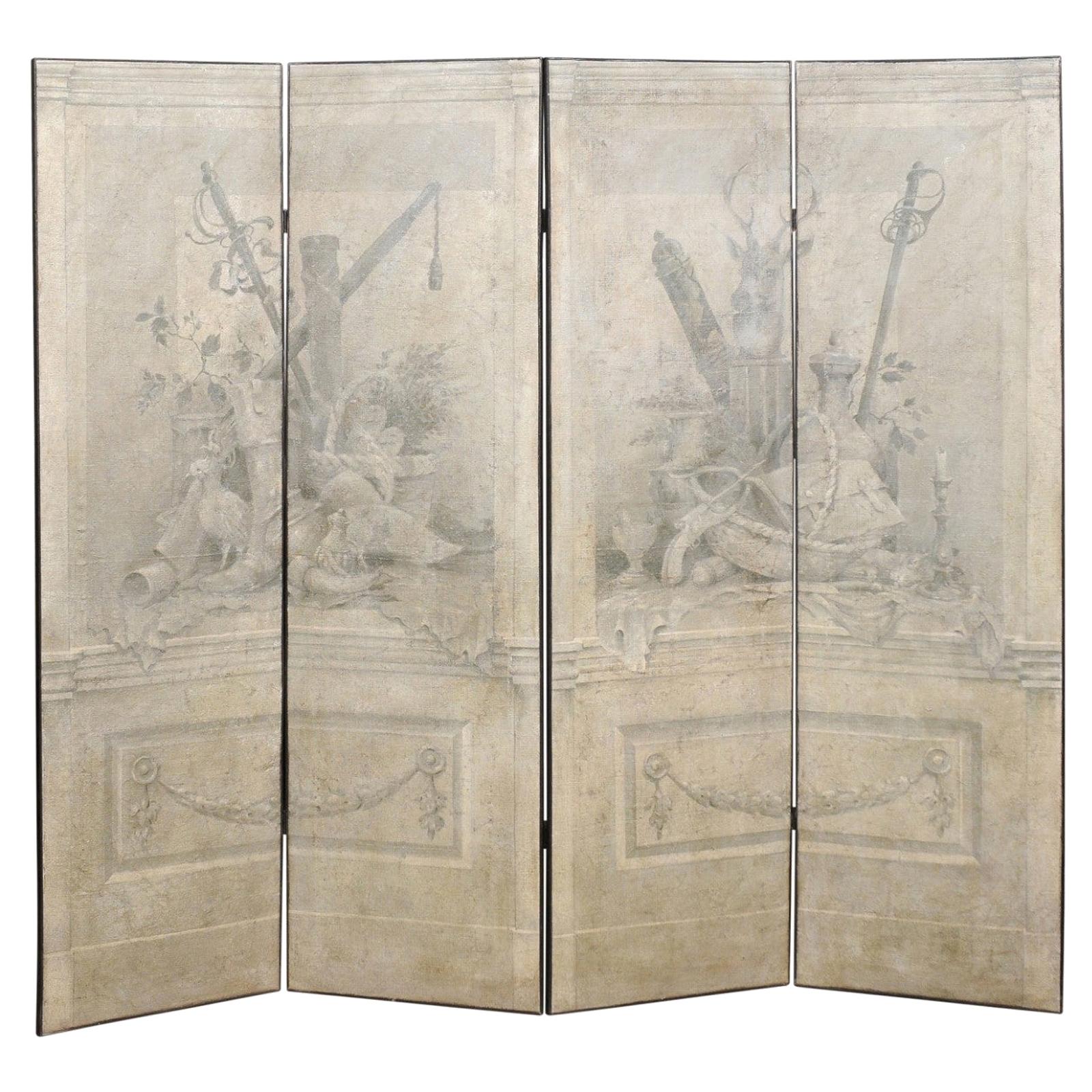 "Fontainebleu" Hand Painted Four-Panel Grisaille Trompe L'oeil Screen