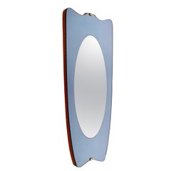 Fontana Art Mid-Century Brass Italian Wall Mirror with Blue Glass Frame, 1950s