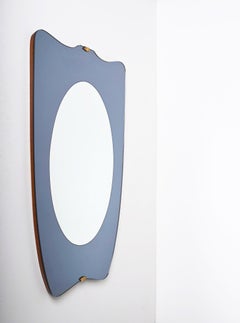Fontana Art Mid-Century Brass Italian Wall Mirror with Blue Glass Frame, 1950s