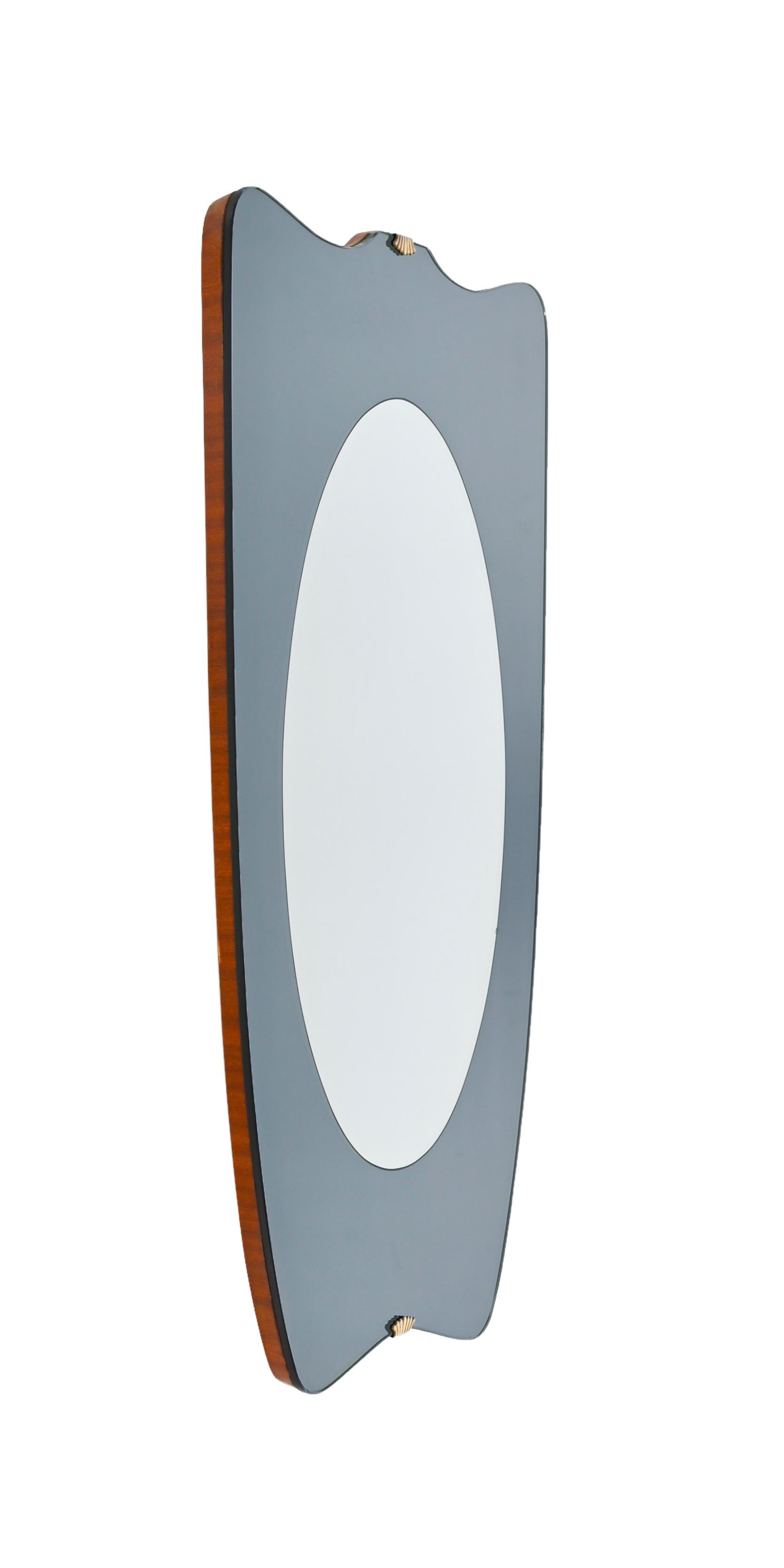 Fontana Art Mid-Century Brass Italian Wall Mirror with Blue Glass Frame, 1950s In Good Condition In Roma, IT