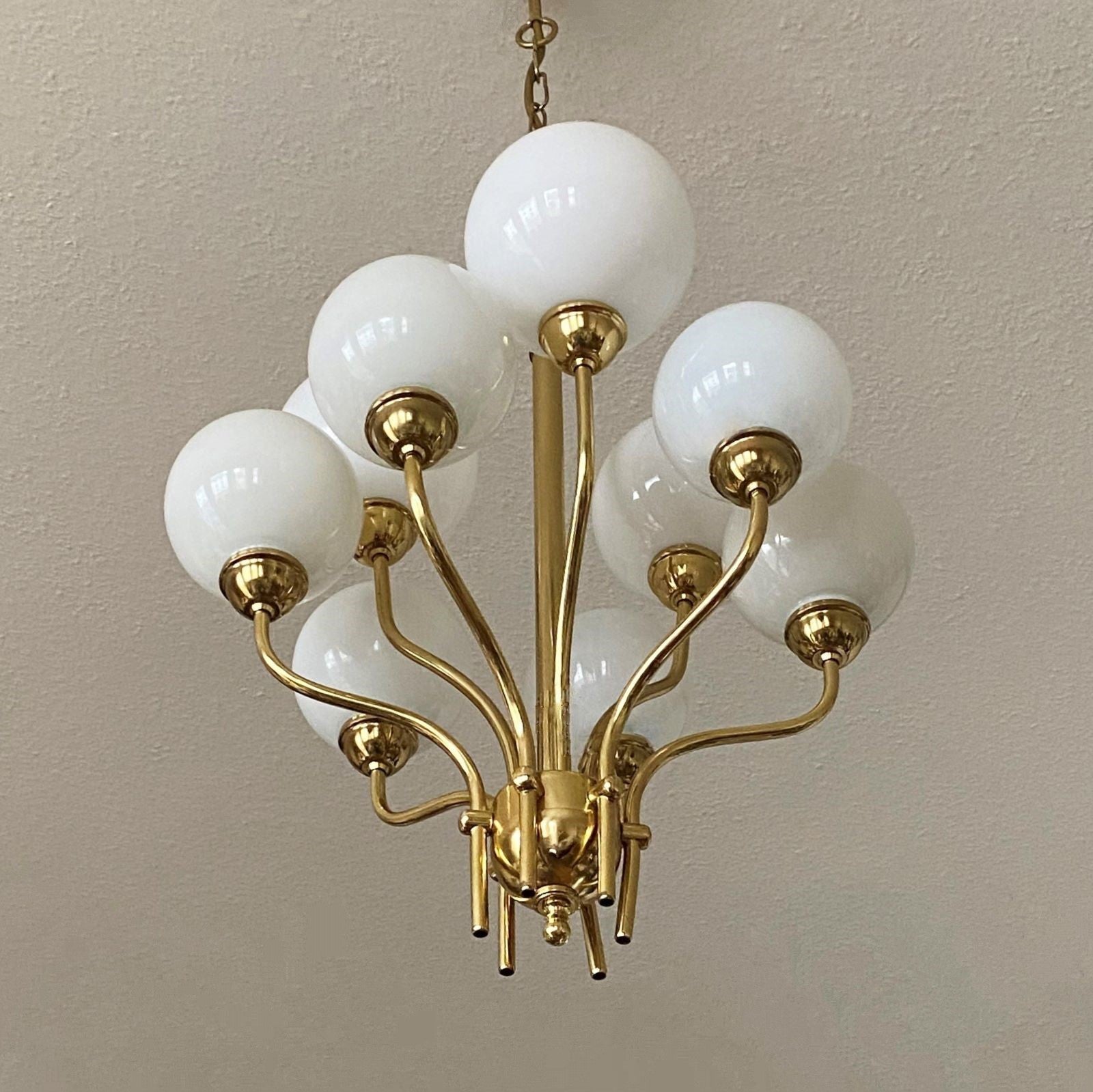 Fontana Art Style Opaline Glass Brass Nine-Light Chandelier Brass, Italy, 1950s