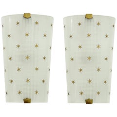 Fontana Arte 1930s Pair of Wall Lights in Pressed Glass with Gold Stars