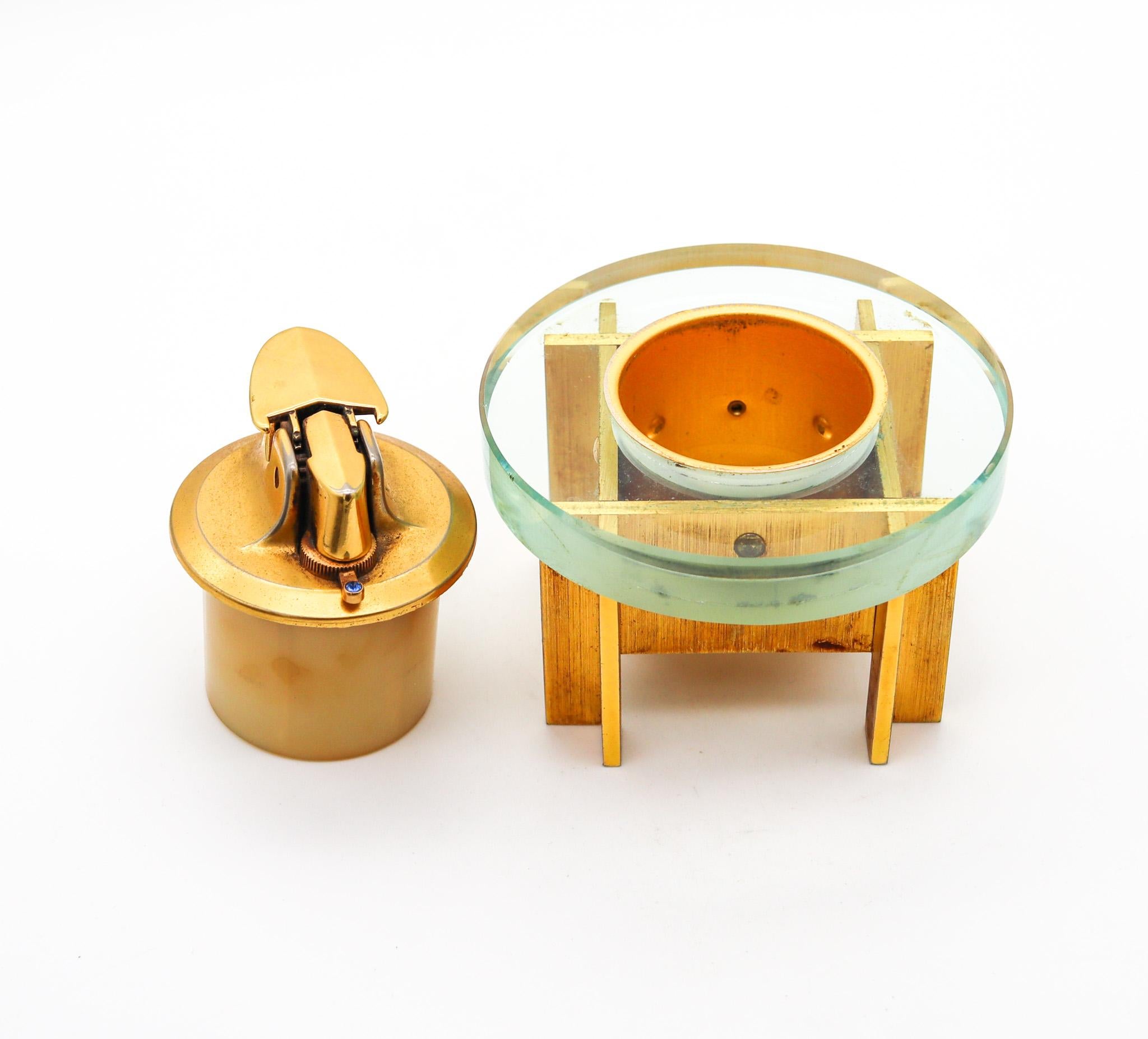 Italian Fontana Arte 1970 Ronson Veraflame Desk Lighter In Glass And Gilt Bronze