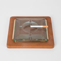 Fontana Arte 1970s, Ashtray in Leather, Brass and Faceted Glass, Italy Art Glass
