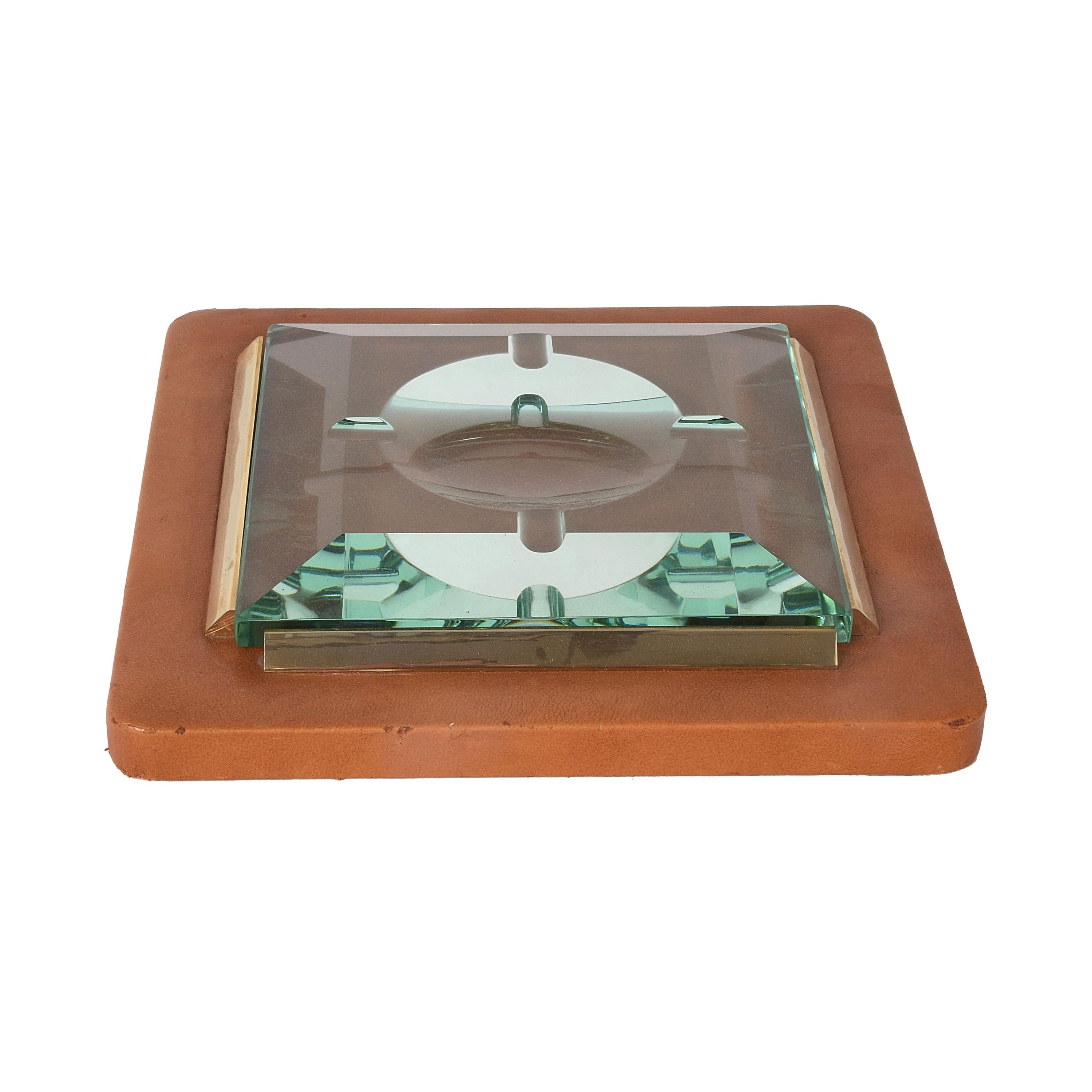 Fontana Arte 1970s, Ashtray in Leather, Brass and Faceted Glass, Italy Art Glass For Sale