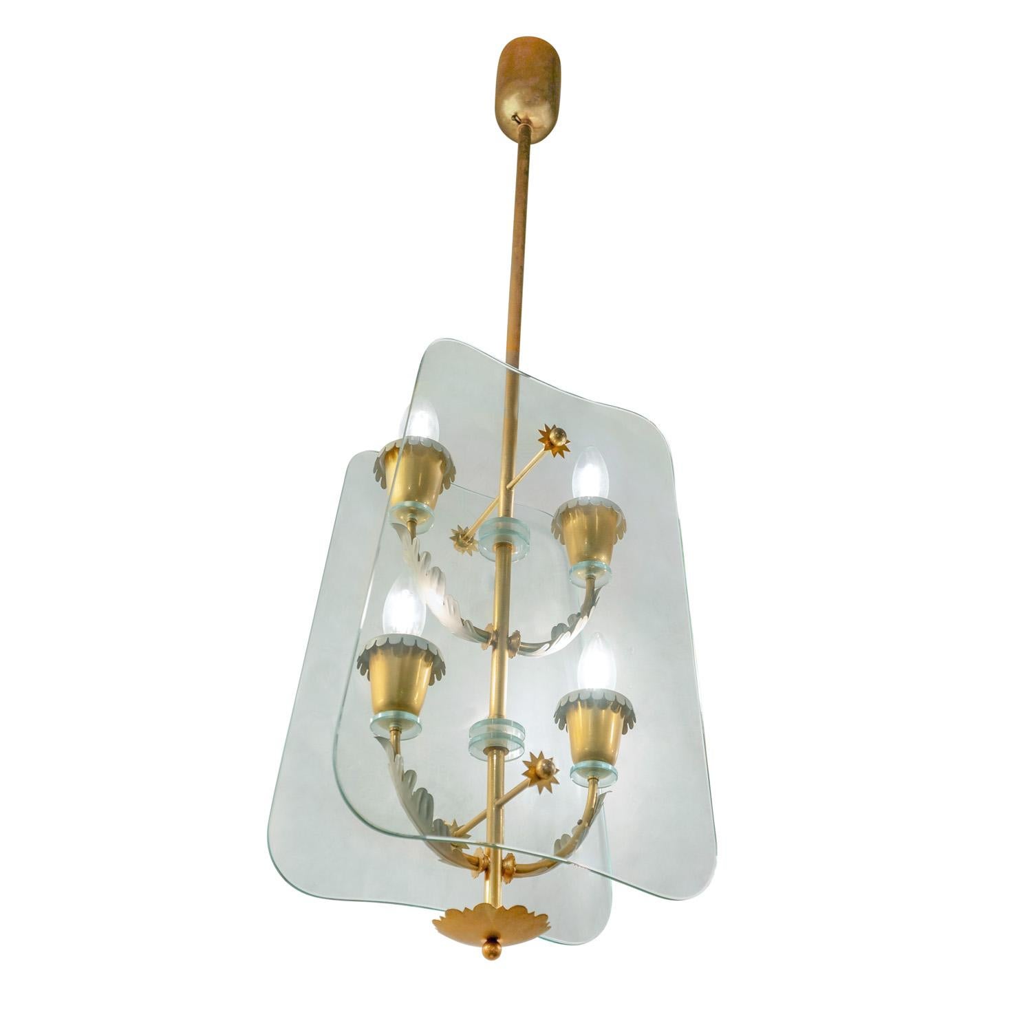 Mid-Century Modern Fontana Arte 4 Light Glass and Brass Chandelier 1940s For Sale