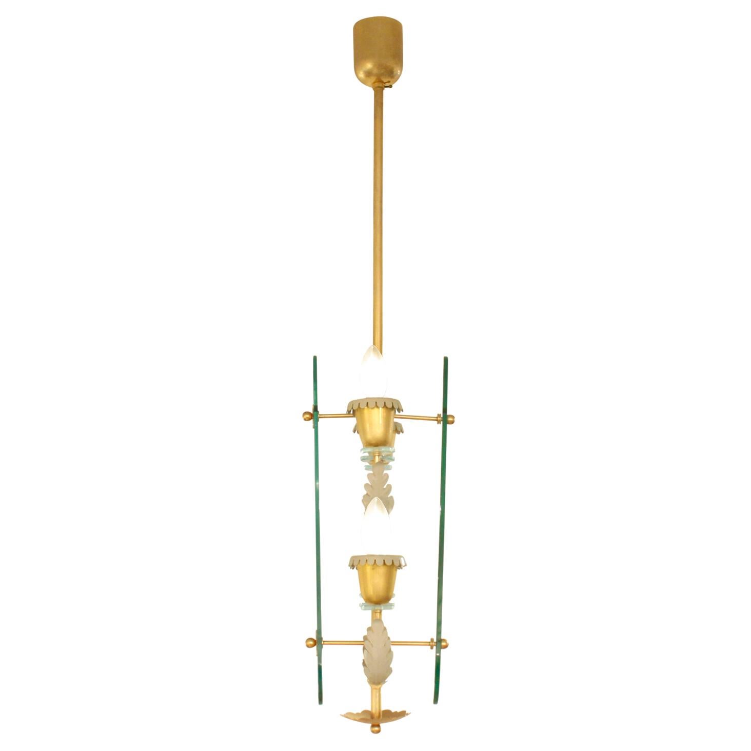 Mid-Century Modern Fontana Arte 4-Light Pendant Brass Chandelier, 1940s For Sale