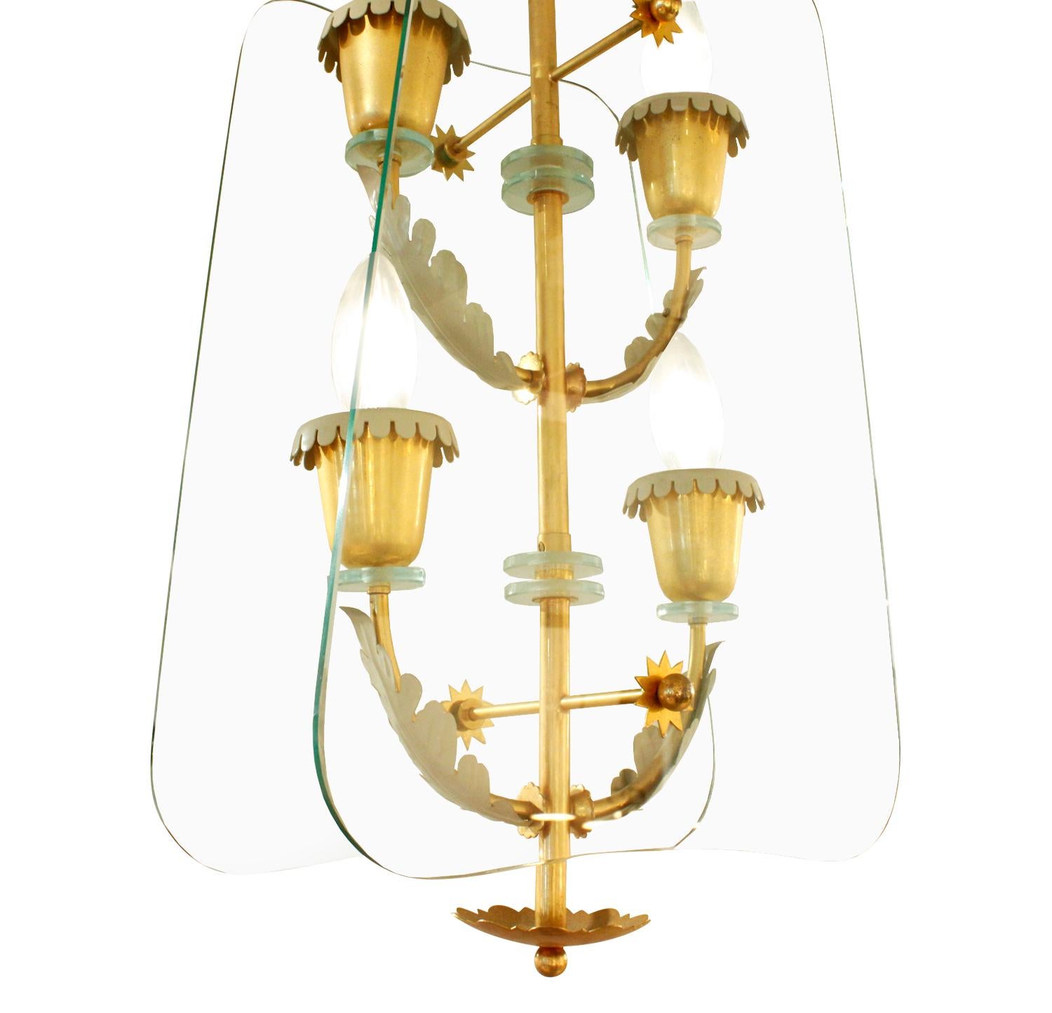 Hand-Crafted Fontana Arte 4-Light Pendant Brass Chandelier, 1940s For Sale