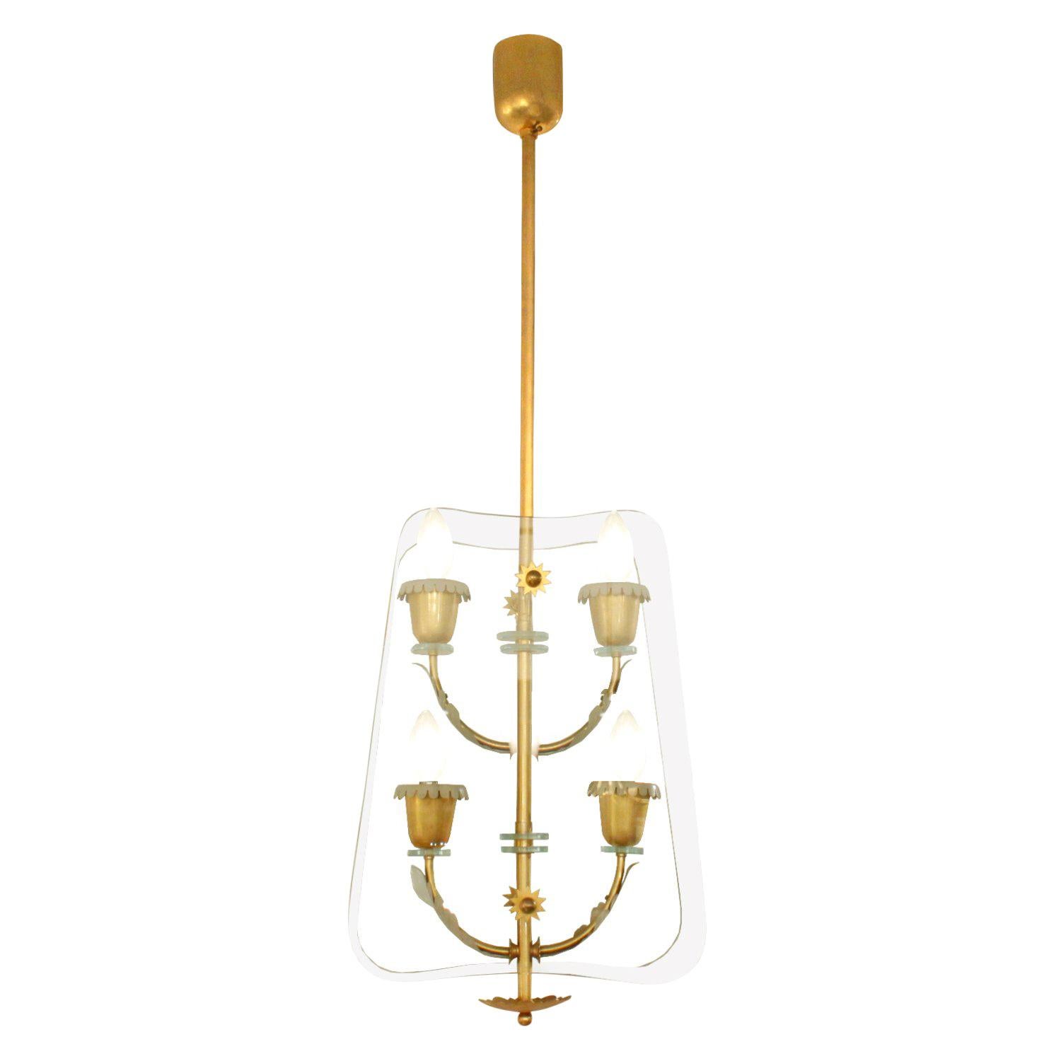 Fontana Arte 4-Light Pendant Brass Chandelier, 1940s