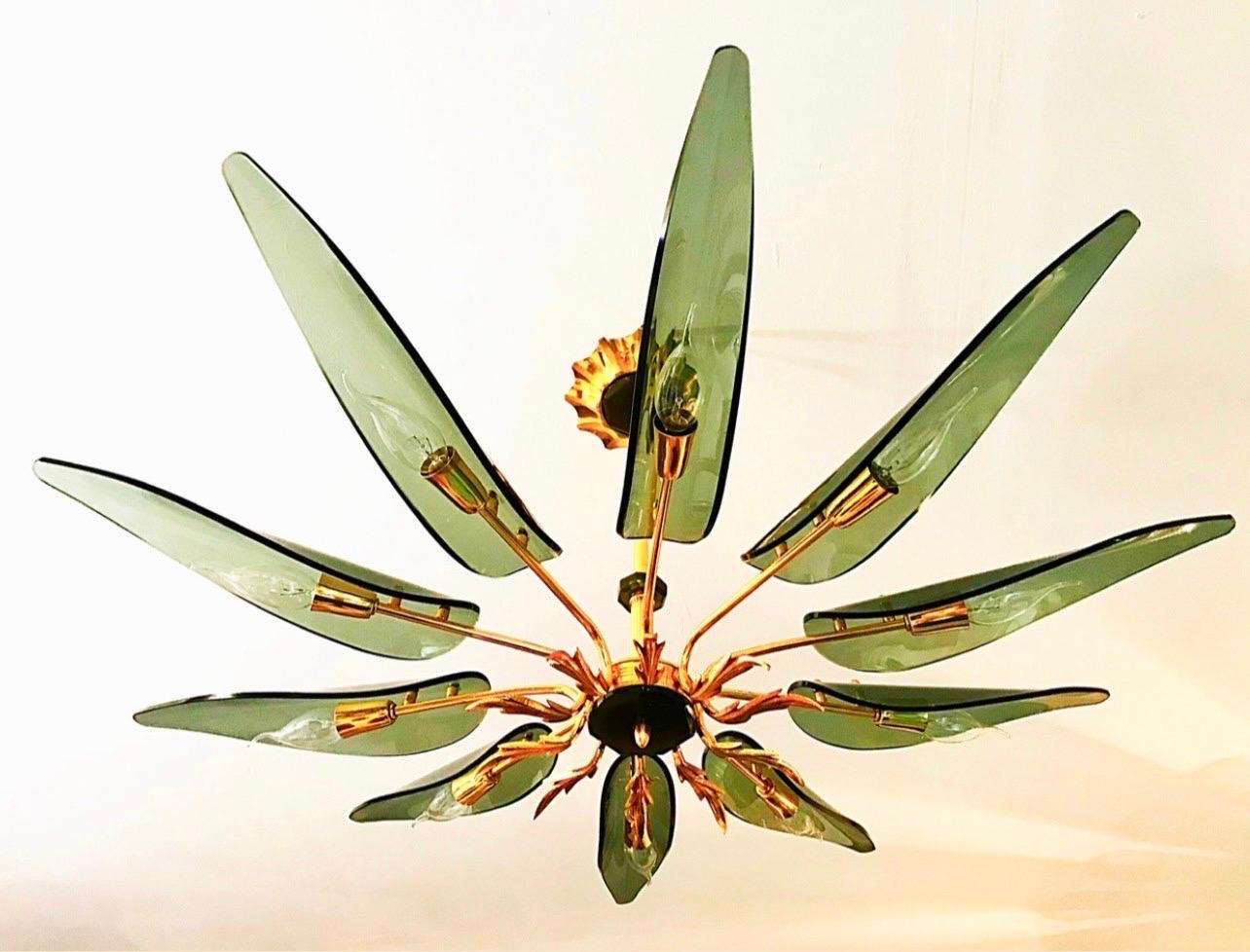 Mid-Century Modern Max Ingrand by Fontana Arte Attr Glass Chandelier 10 Leaves , italie 1960 For Sale