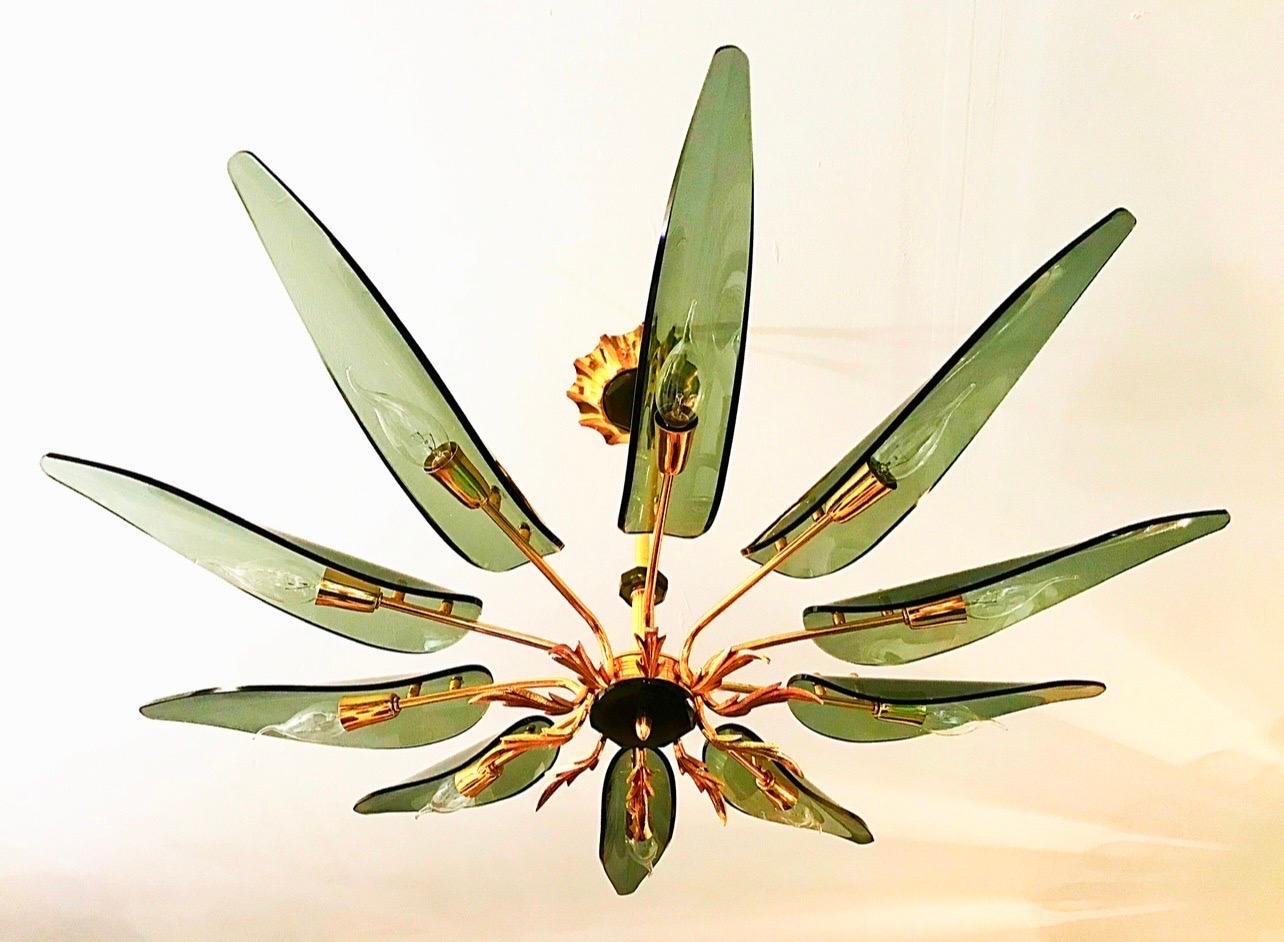 Max Ingrand by Fontana Arte Attr Glass Chandelier 10 Leaves , italie 1960 In Good Condition For Sale In DÉNIA, ES