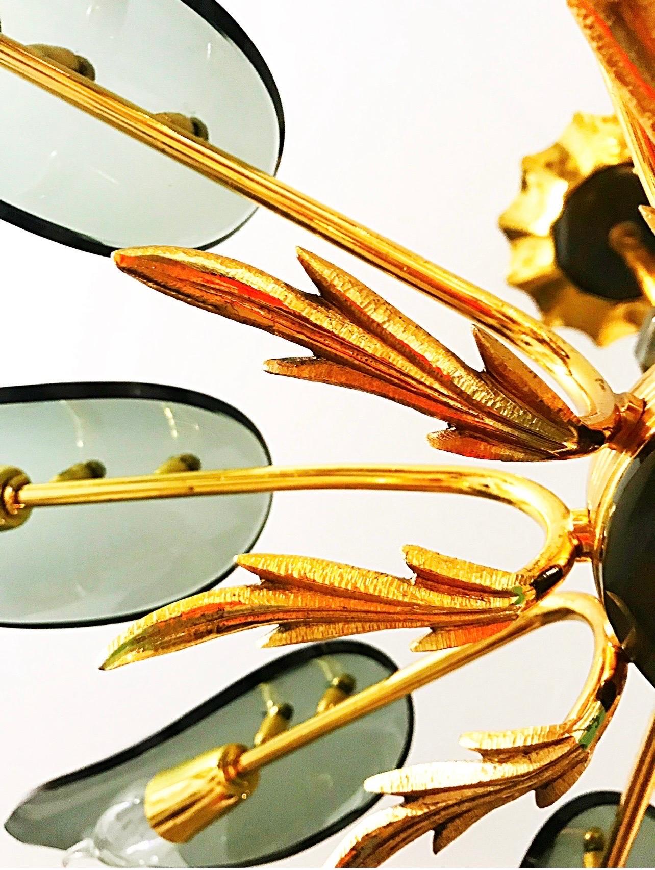 Italian Fontana Arte Attr Glass PAIR of Chandelier 10 Leaves gilt gold , italie 1960