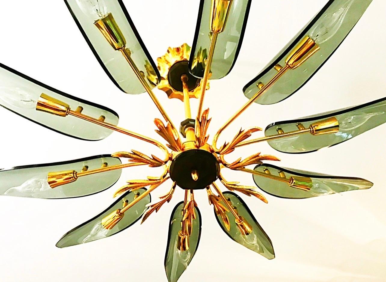 Mid-20th Century Fontana Arte Attr Glass PAIR of Chandelier 10 Leaves gilt gold , italie 1960