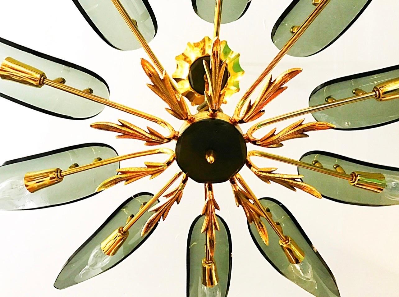Brass Fontana Arte Attr Glass PAIR of Chandelier 10 Leaves gilt gold , italie 1960