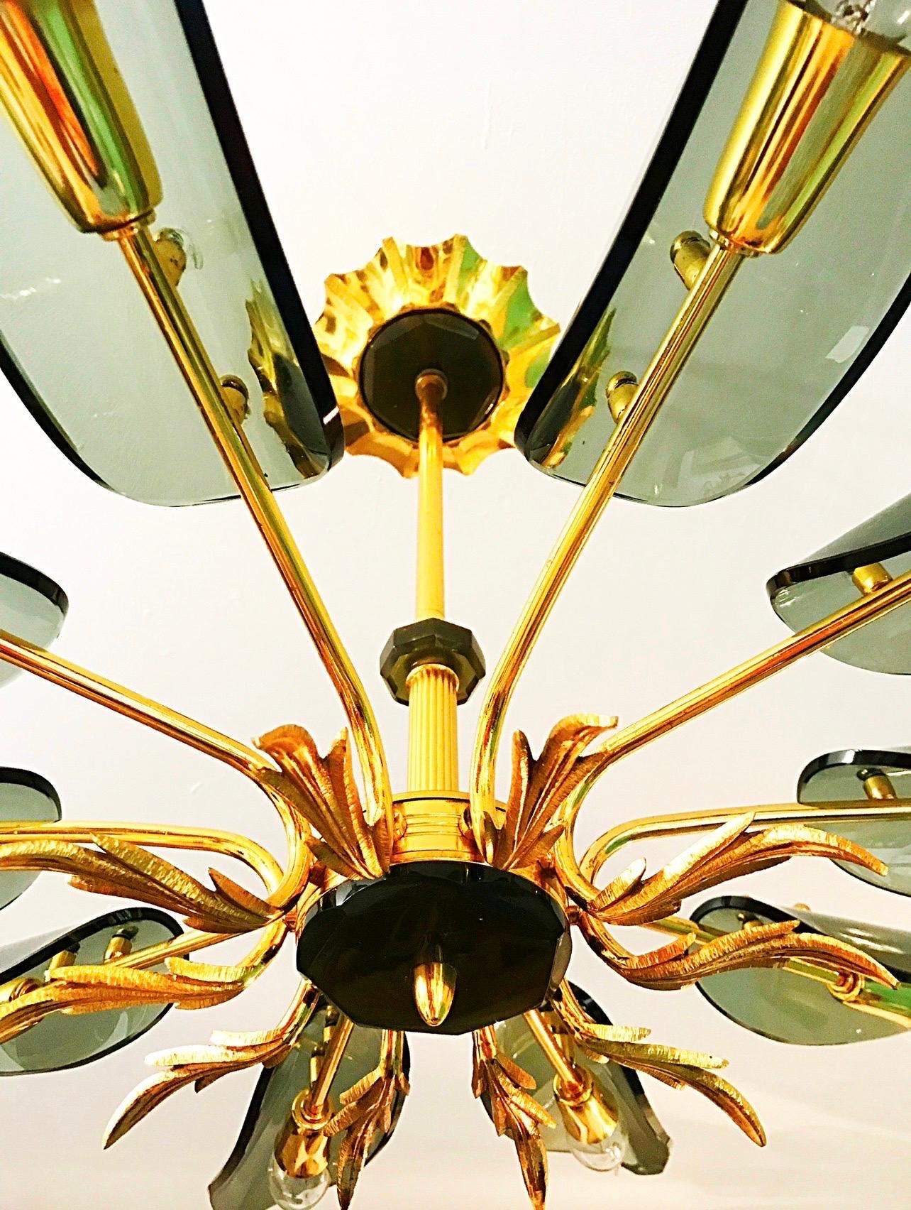 Fontana Arte Attr Glass PAIR of Chandelier 10 Leaves gilt gold , italie 1960 1