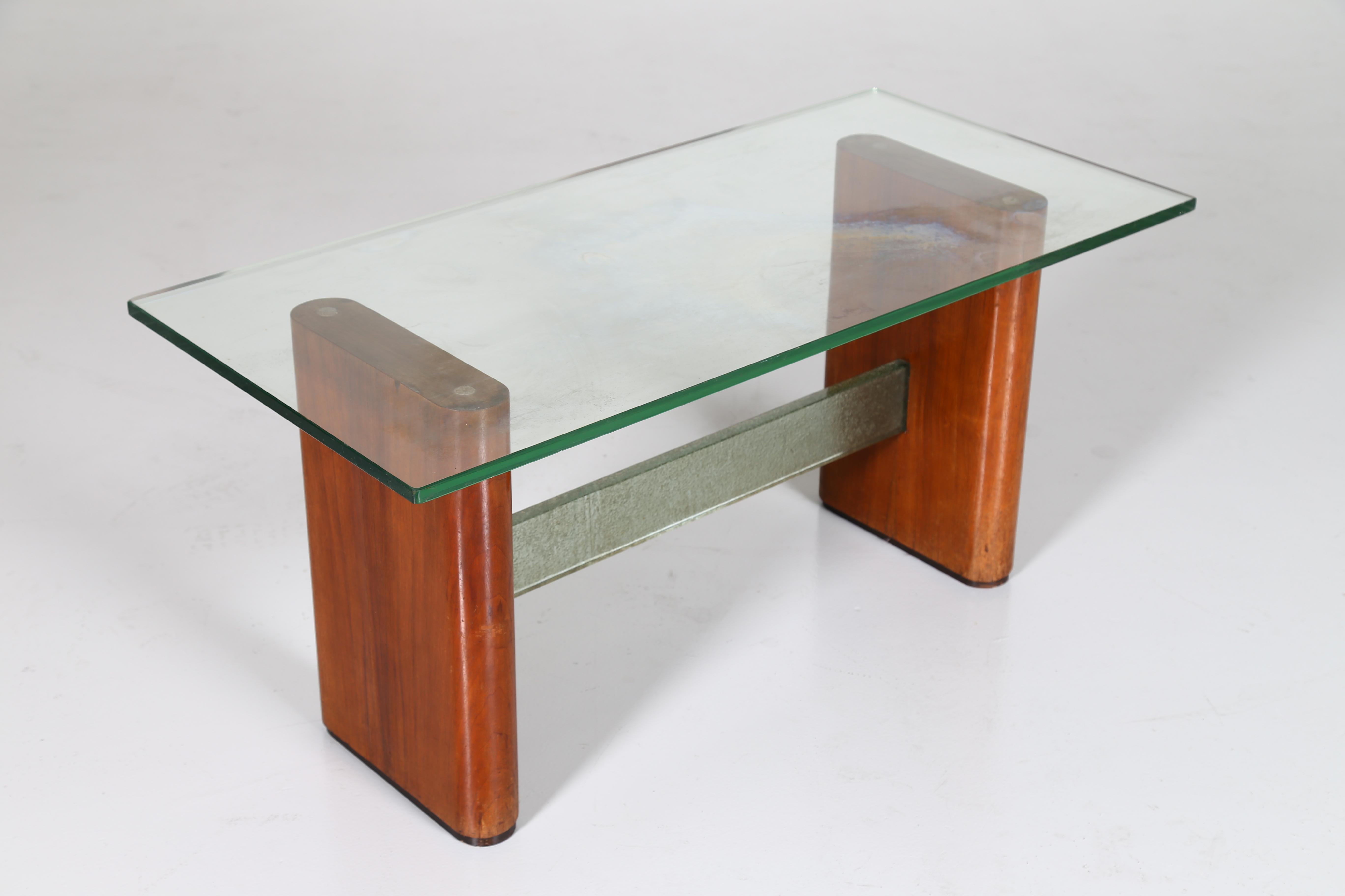 Italian Fontana Arte Attributed Midcentury Coffee Table in Glass and Wood, 1950s