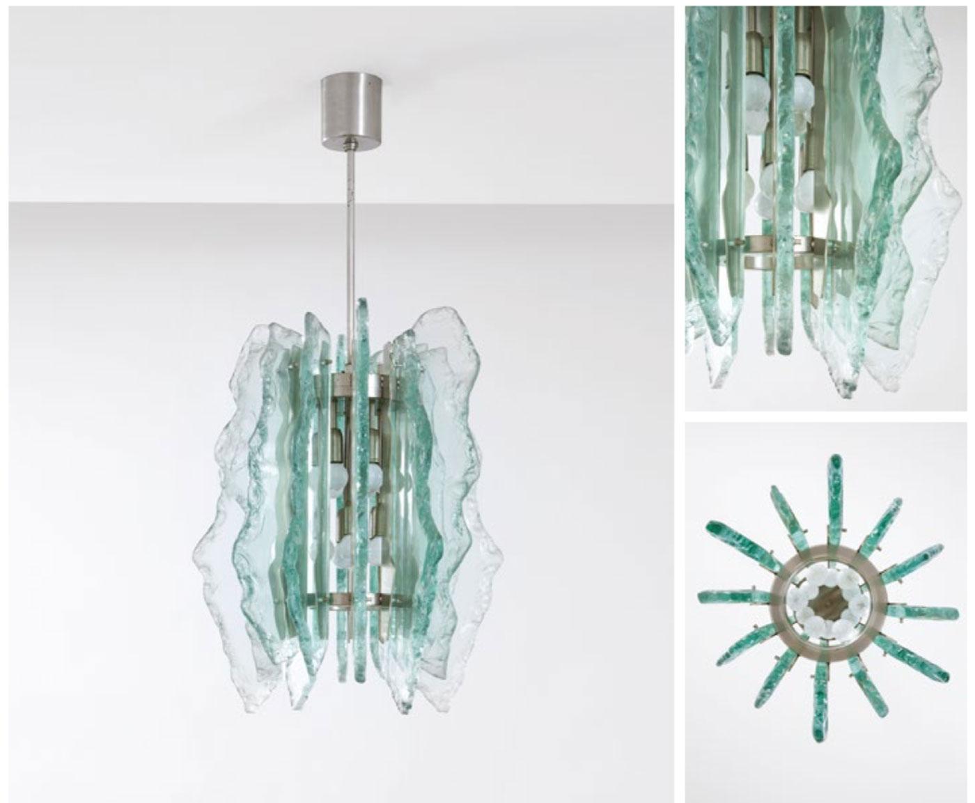Zeroquattro Milano chandelier made up of twelve crystal slabs, all different from each other in chiseled crystal and all ground. Fontana Arte attributing.