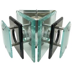 1970s Fontana Arte Style Space Age Steel and Glass Italian Pendant