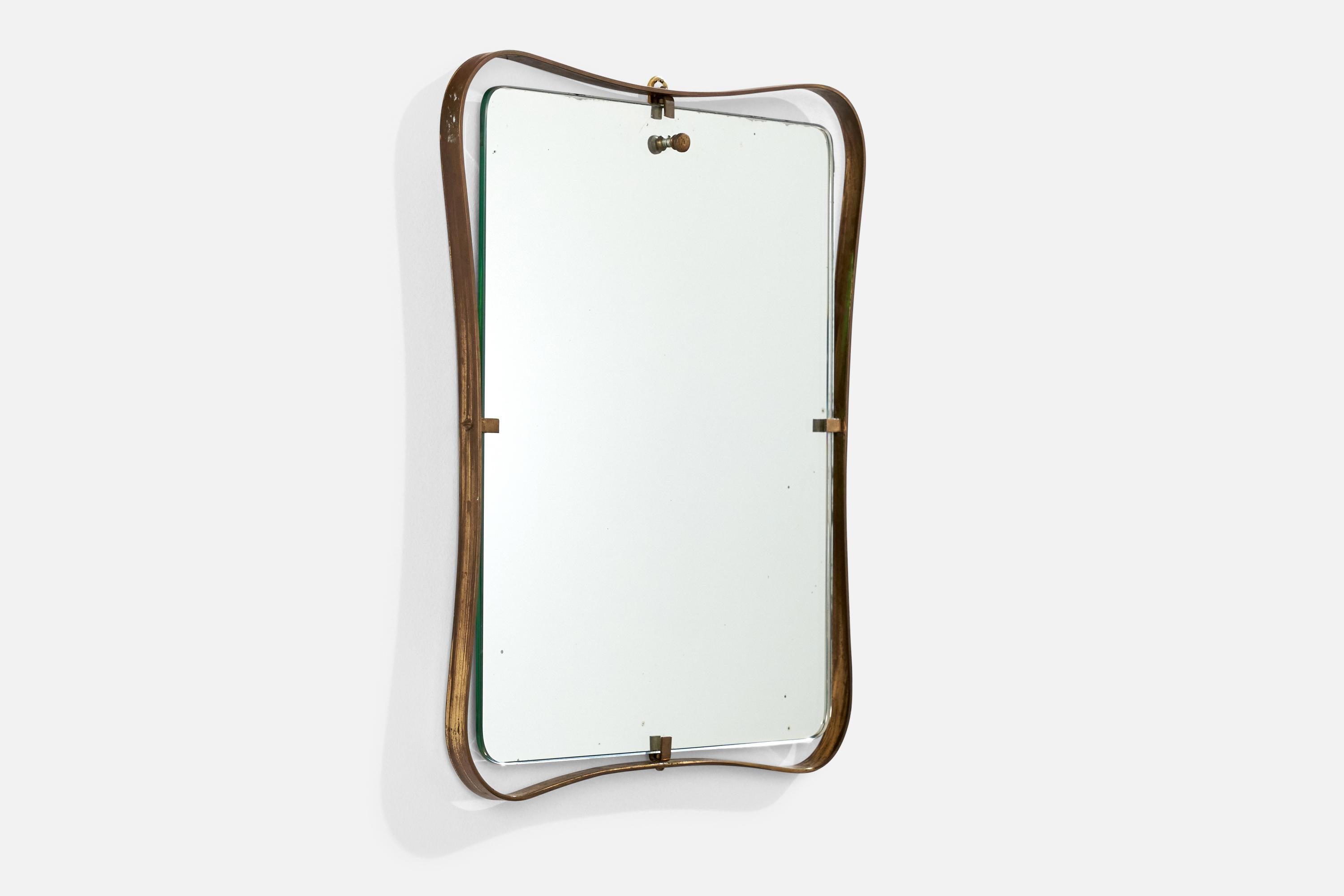 Mid-Century Modern Fontana Arte Attribution, Wall Mirror, Brass, Mirror Glass, Italy, 1950s For Sale