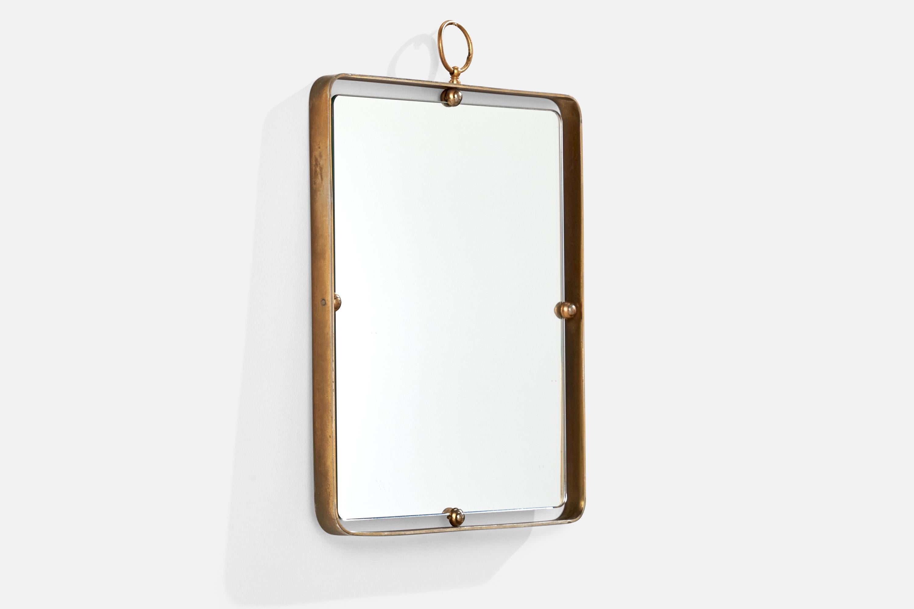 Mid-Century Modern Fontana Arte Attribution, Wall Mirror, Brass, Mirror Glass, Italy, 1950s For Sale