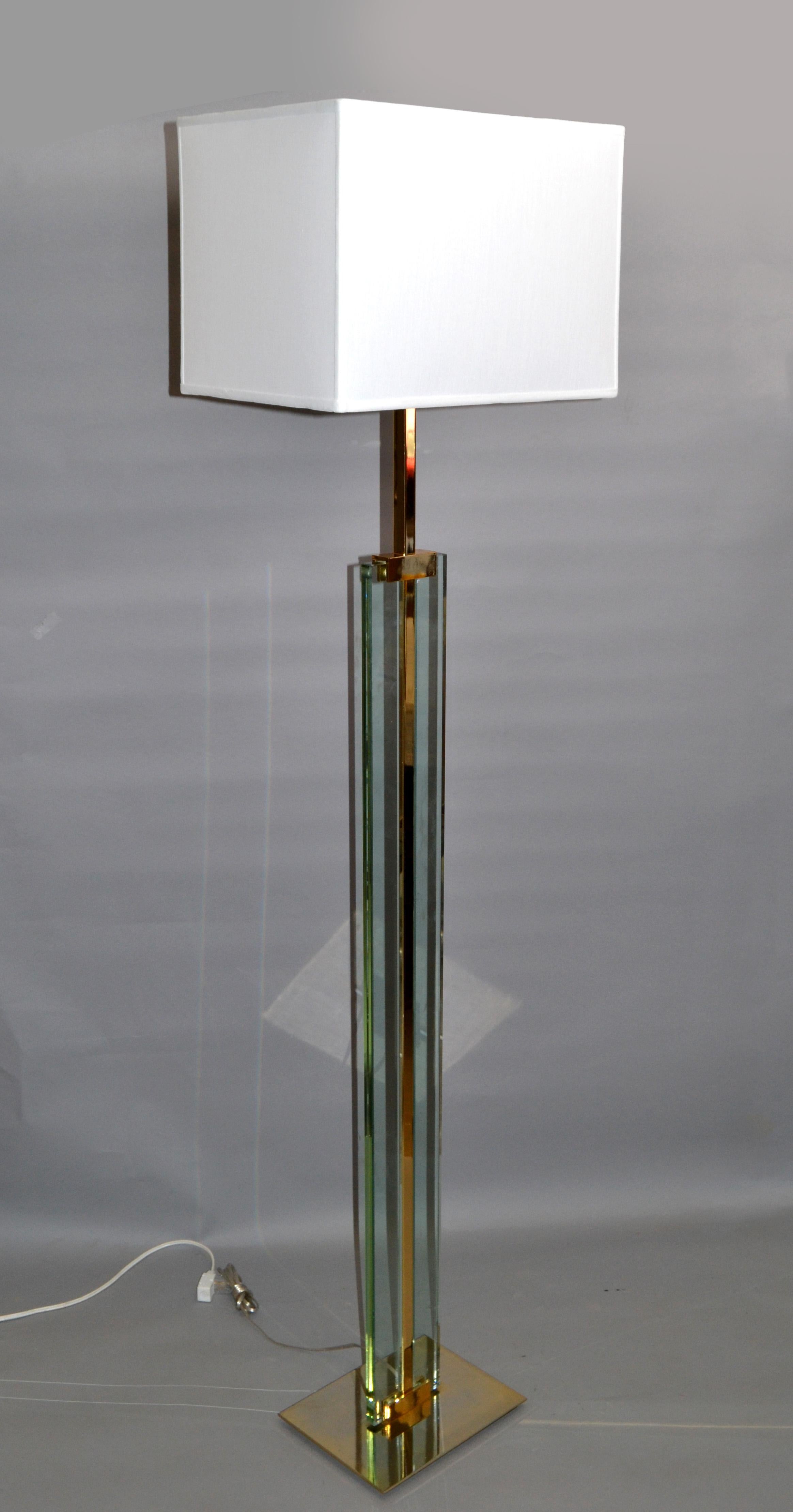 Fontana Arte Beveled Glass & Polished Brass Floor Lamp Fabric Shade, Italy, 1960 For Sale 6