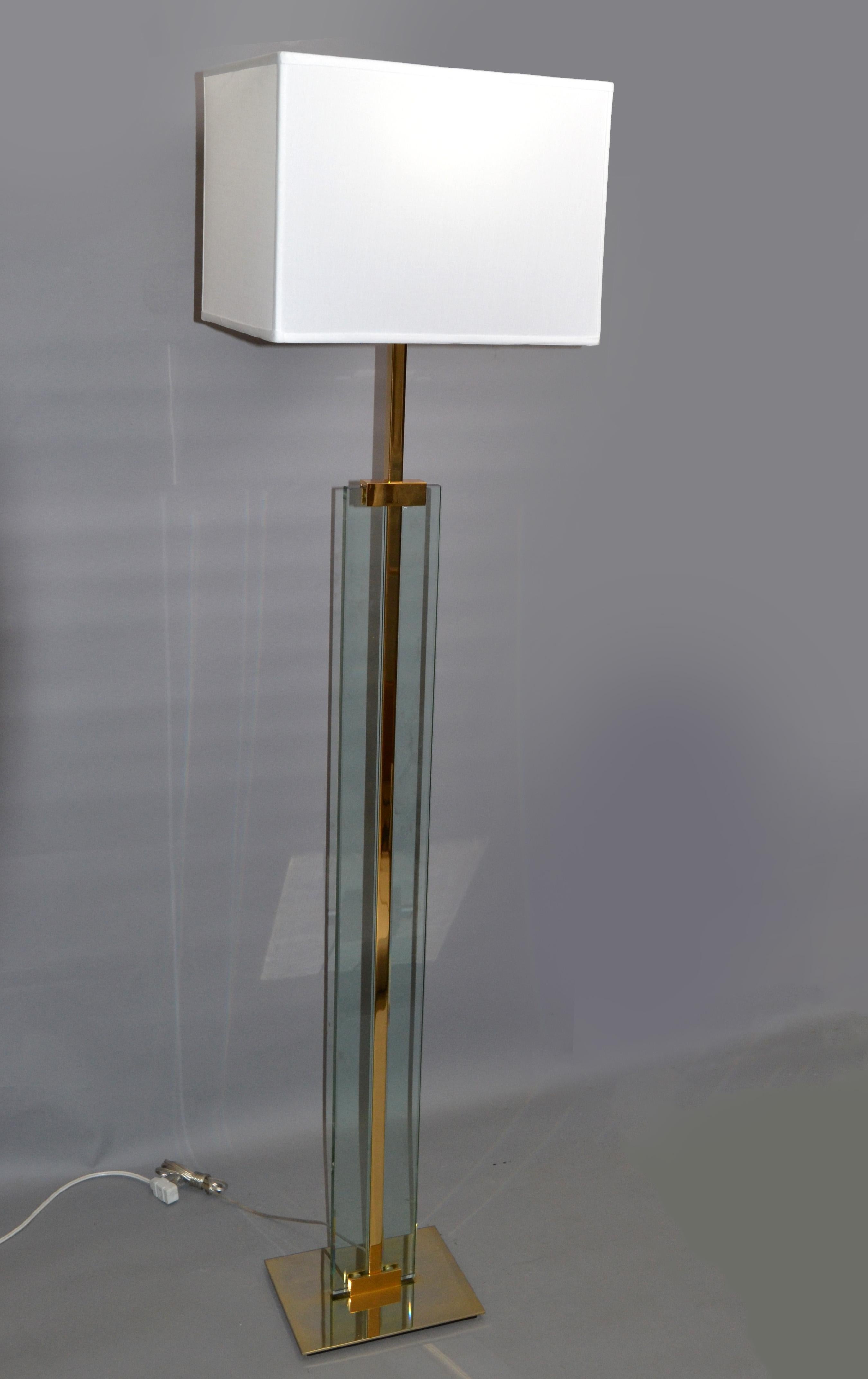 Mid-Century Modern Fontana Arte Beveled Glass & Polished Brass Floor Lamp Fabric Shade, Italy, 1960 For Sale