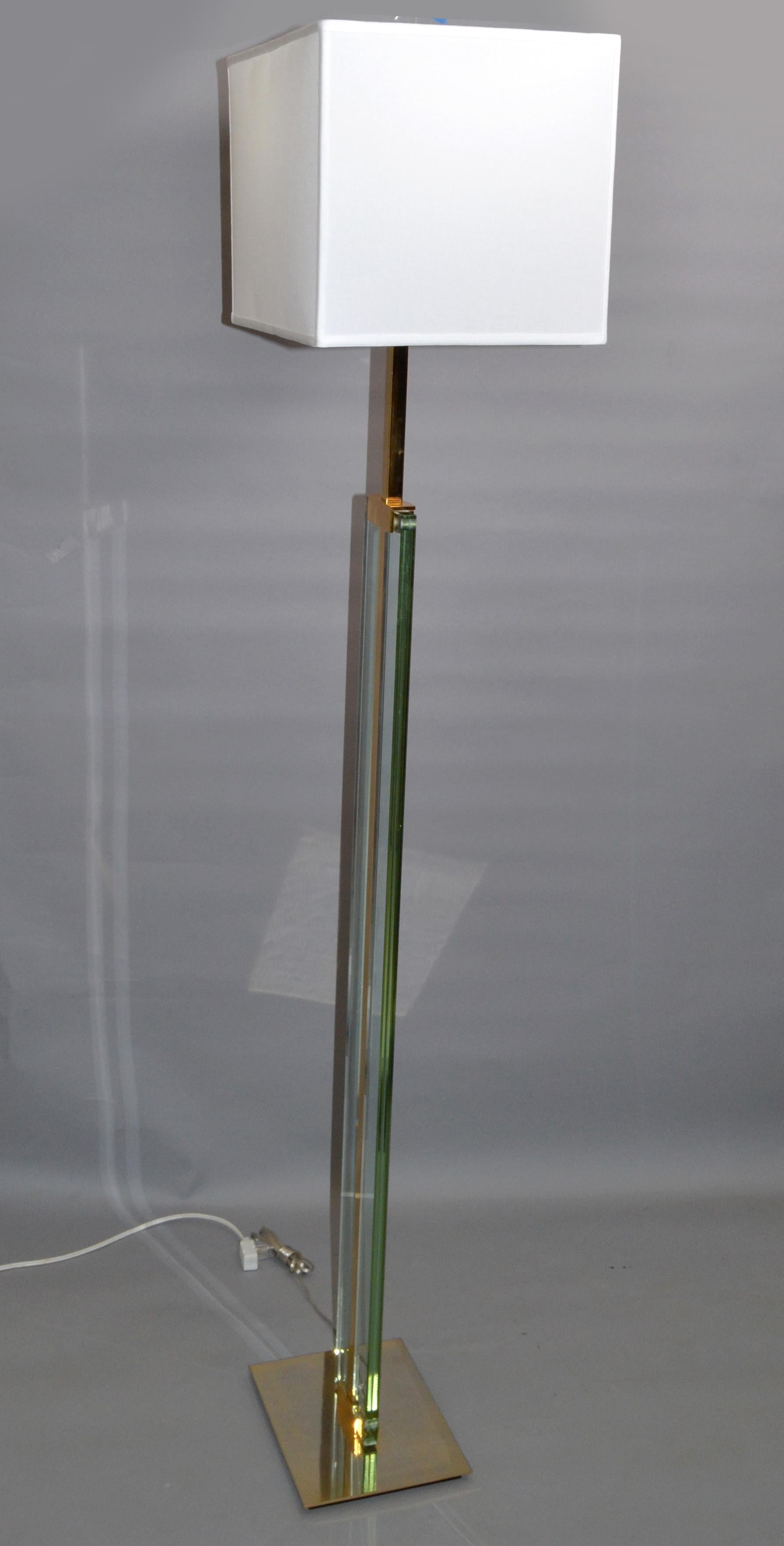 Italian Fontana Arte Beveled Glass & Polished Brass Floor Lamp Fabric Shade, Italy, 1960 For Sale