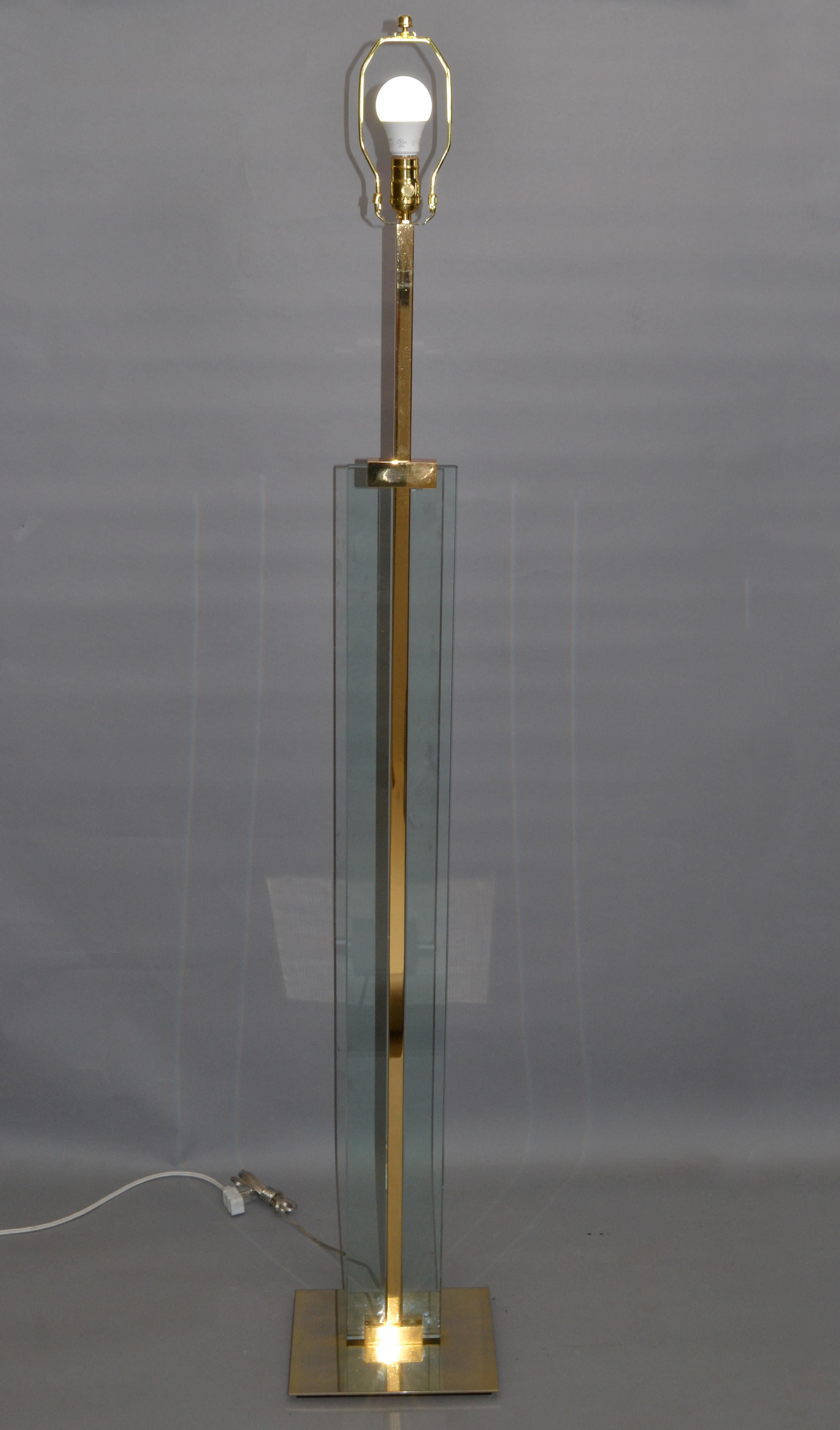 Mid-20th Century Fontana Arte Beveled Glass & Polished Brass Floor Lamp Fabric Shade, Italy, 1960 For Sale