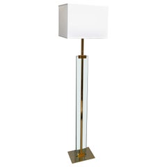 Fontana Arte Beveled Glass & Polished Brass Floor Lamp Fabric Shade, Italy, 1960