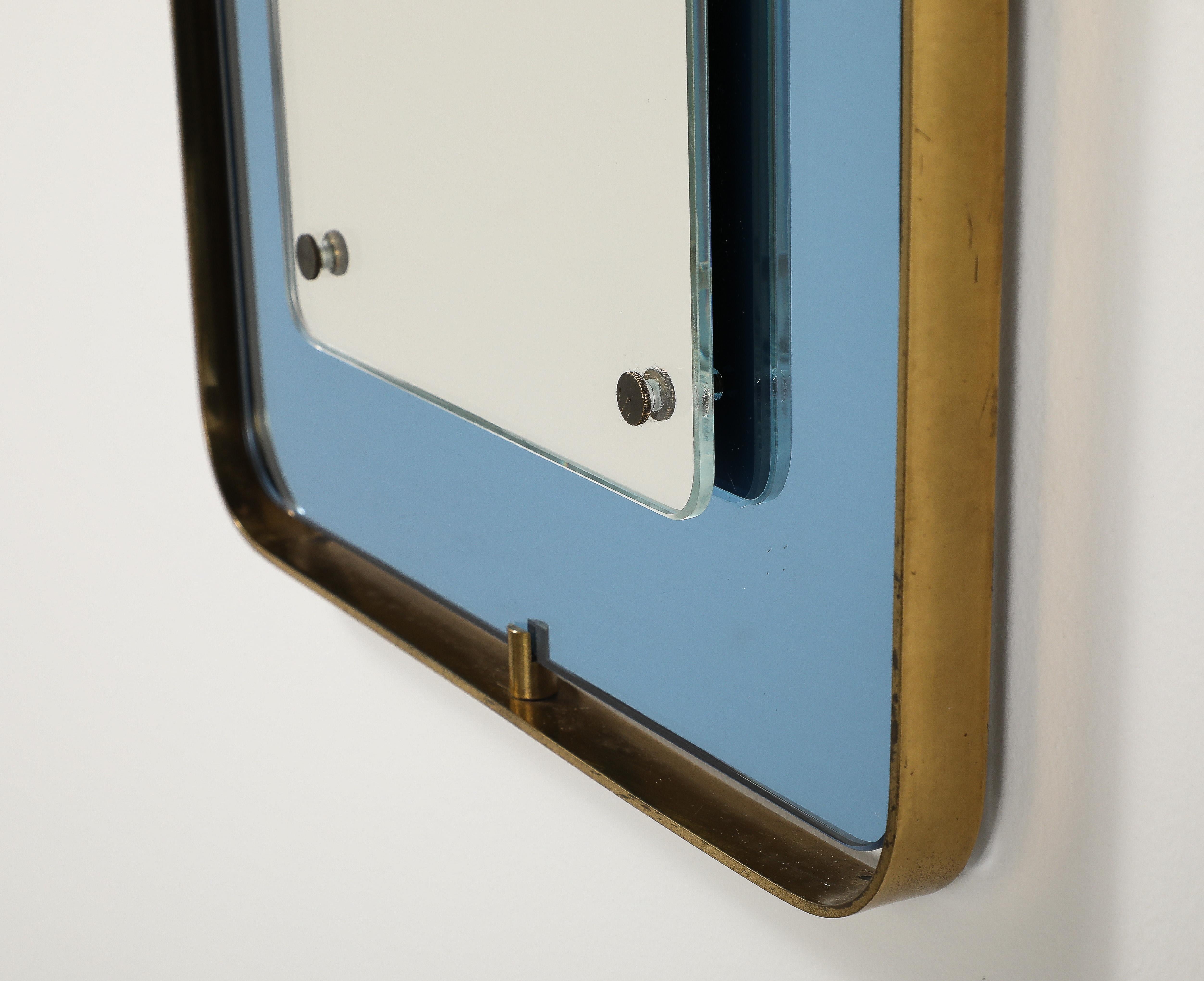 European Fontana Arte Blue Glass and Brass Wall Mirror, circa 1950 For Sale
