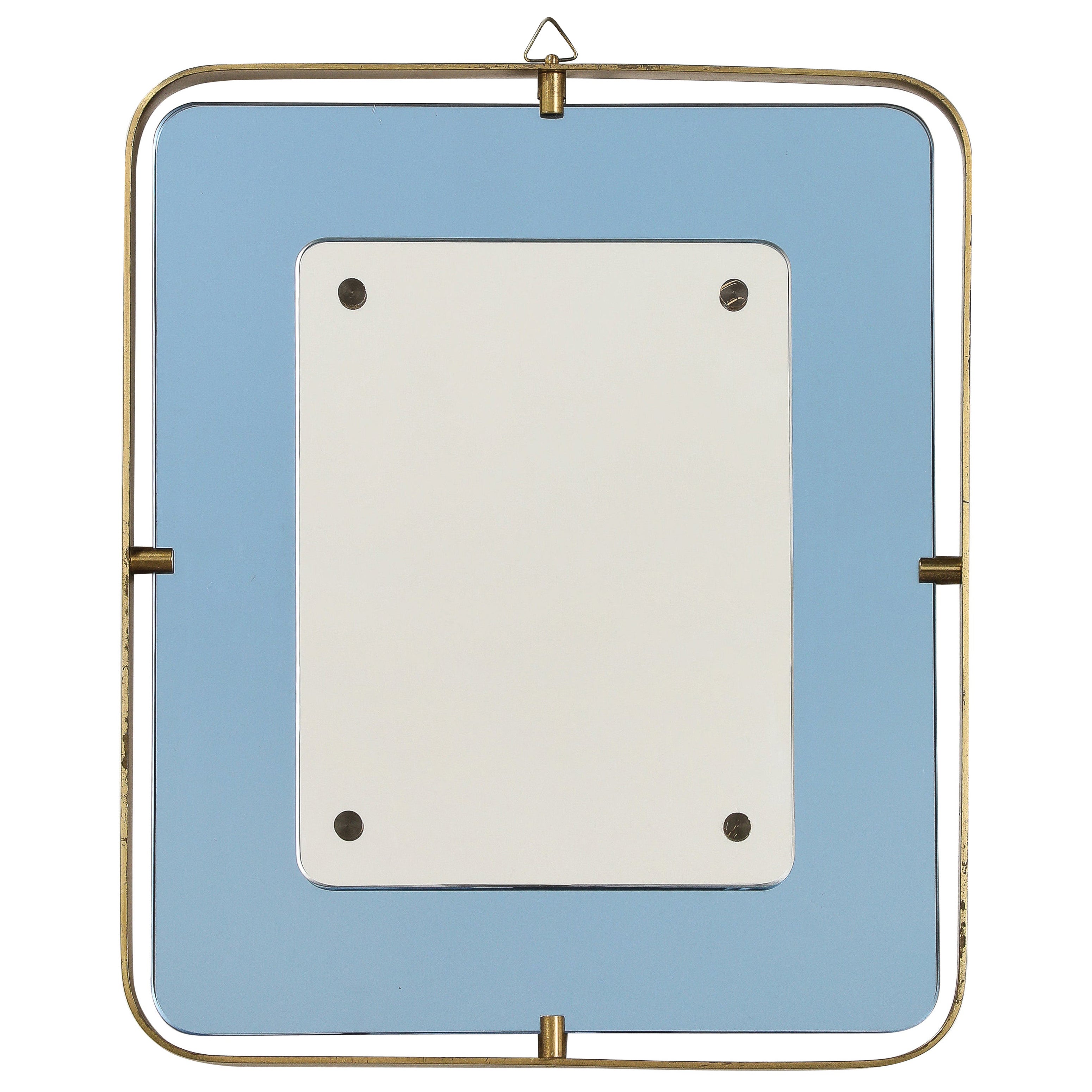 Fontana Arte Blue Glass and Brass Wall Mirror, Italy, 1950