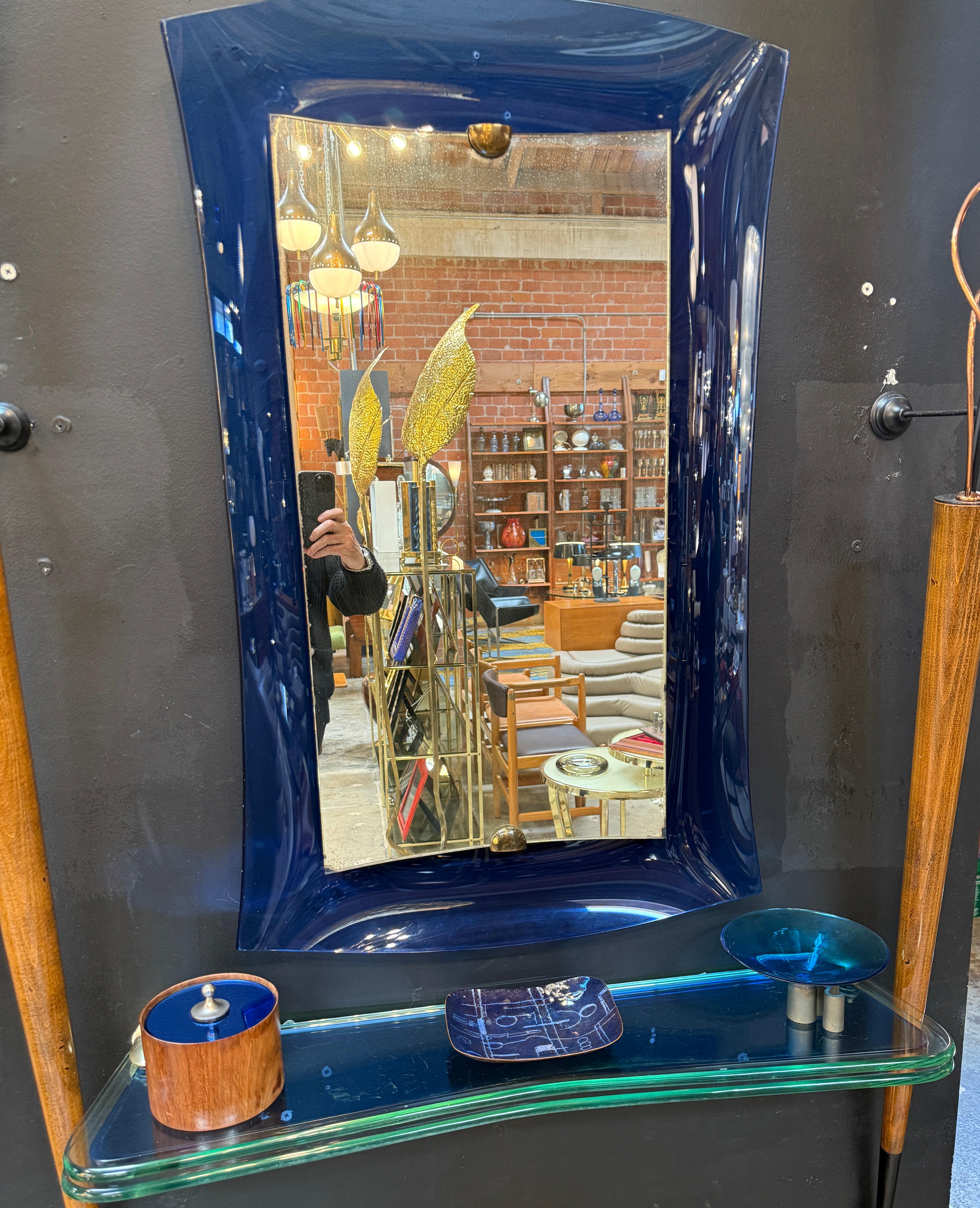 Fontana Arte blue mirror with glass console. Italy 1970 For Sale 5
