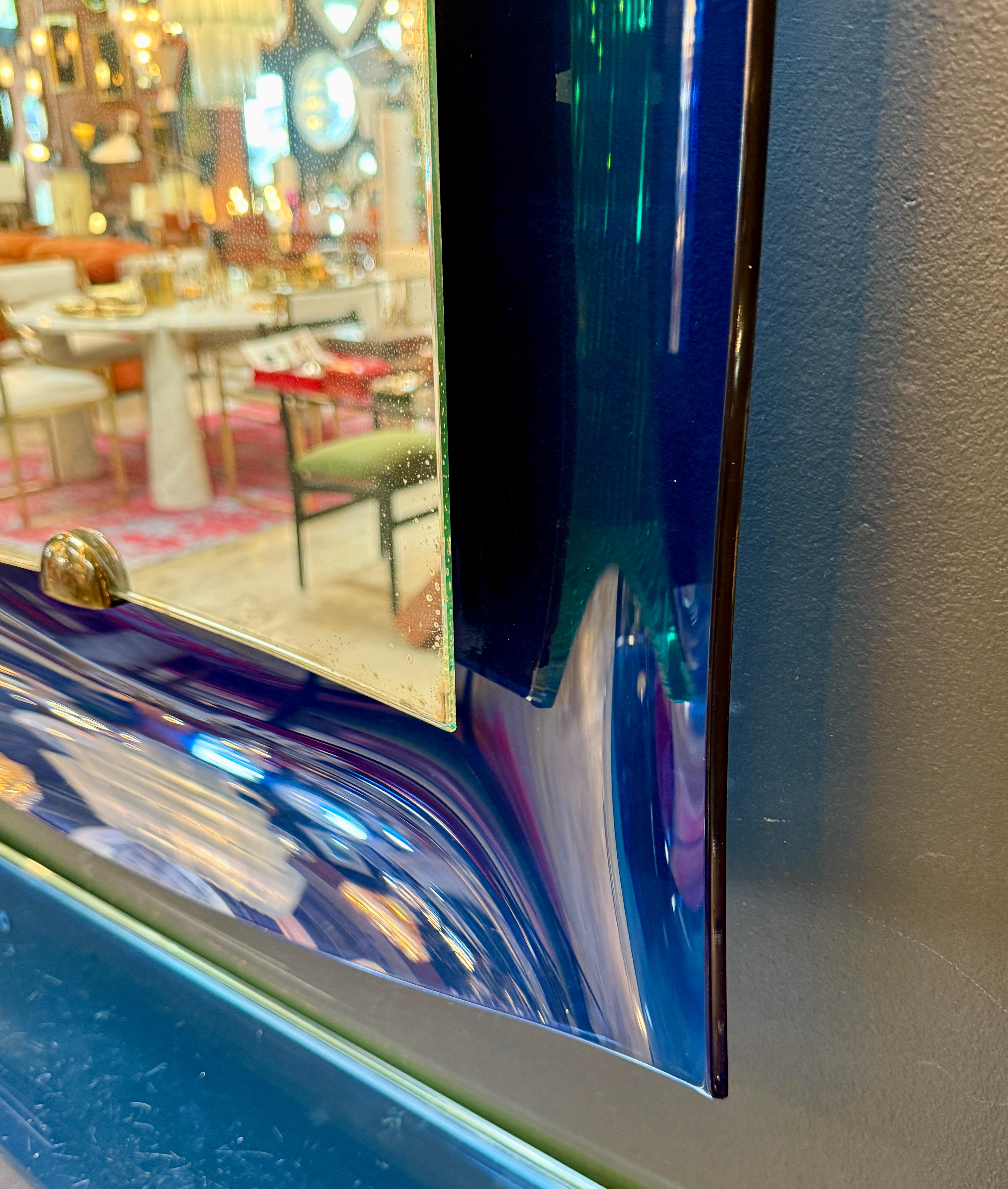 Fontana Arte blue mirror with glass console. Italy 1970 In Fair Condition For Sale In Los Angeles, CA