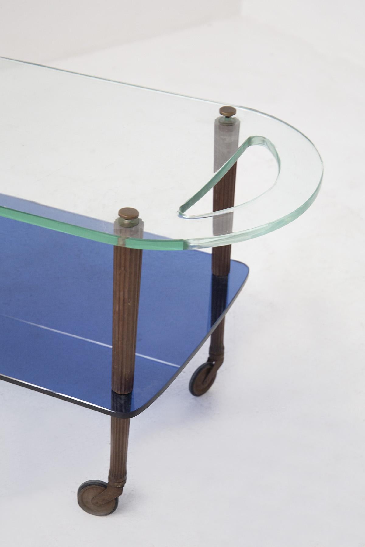 Mid-Century Modern Fontana Arte Blue Mirrored Glass Wood and Brass Serving Trolley, Signed For Sale